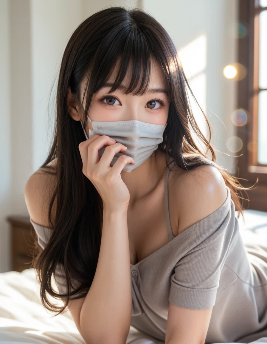 Create a realistic, UHD, 8K visual of A young korean woman with pastel grey hair two ponytail is posing indoors, with hands holding hair, wearing masquerade, showing a relaxed yet confident demeanor. She is wearing a light grey, lace-trimmed camisole. A delicate necklace with a pendant rests on her chest, large chest, legs spreads aparts. The body is very wet with a lot of sweat. The background shows soft shadows on a light-colored wall, indicating warm, natural lighting. The woman's expression is calm and slightly pensive, her gaze directed at the camera, creating an intimate and personal atmosphere.