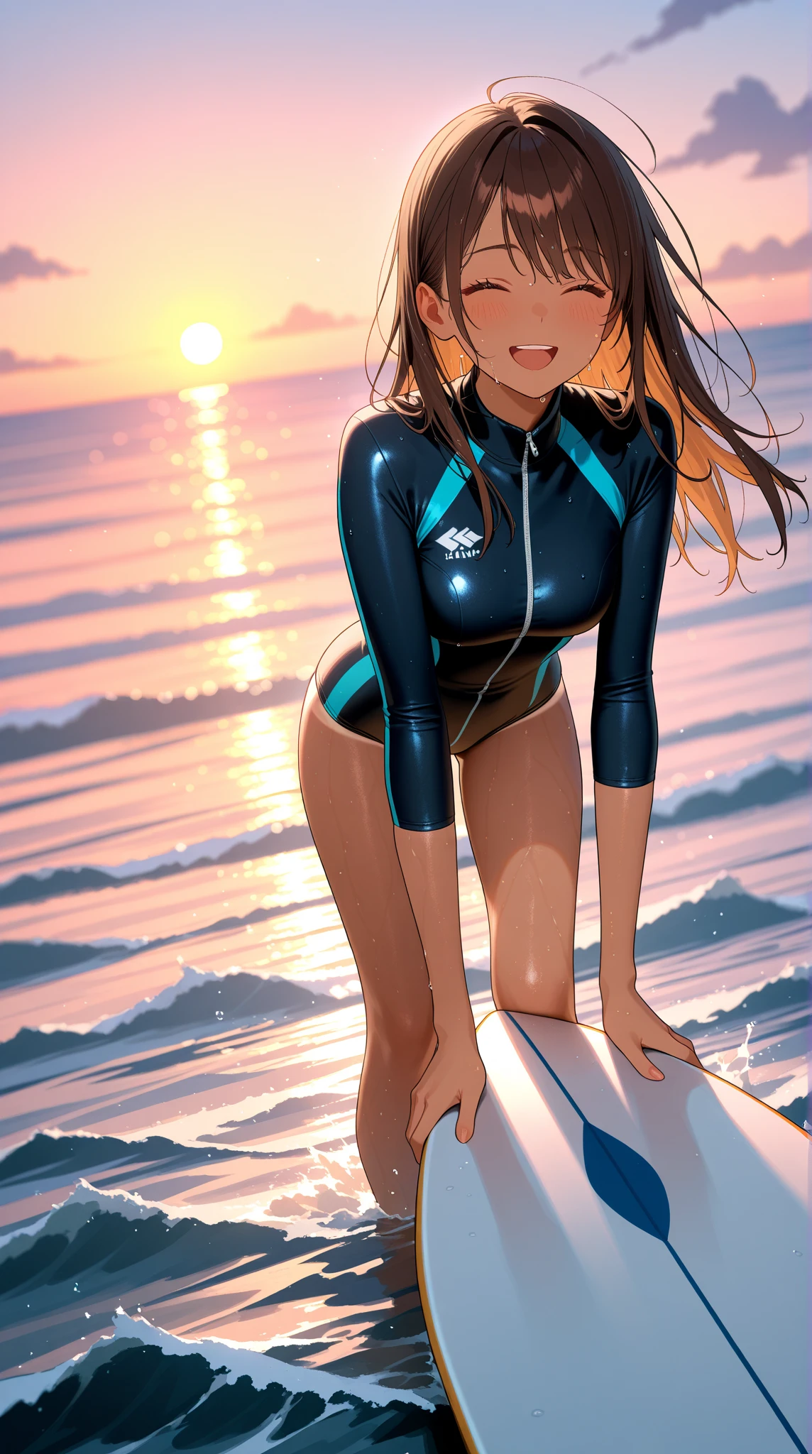 1 girl, (long hair, asymmetrical bangs, dark brown eyes), beautiful face details, beautiful eyes, long eyelashes, soft lips, smile, (Reflecting the buttocks:1.7), city, (wet suits:1.7), open mouth, (See-through), (surfing,
surf board:1.5), (black long hair:1.3), blush, surprised face, (turn around and look back:1.5), (wet with sweat:1.5)