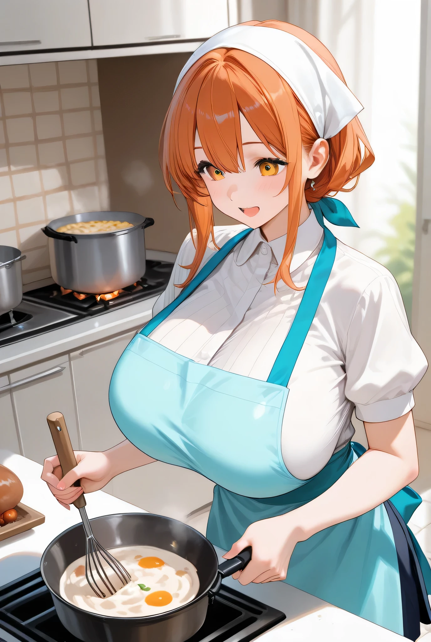 absurd, 8K, high resolution, ultra detailed, beautiful, masterpiece, best quality, very pretty woman, young, orange hair, chef (cook:1.6), chef, chef clothes, kitchen, (very big breasts:1.4), hair between eyes, detailed woman's face, very attractive, chef's hat, painful,