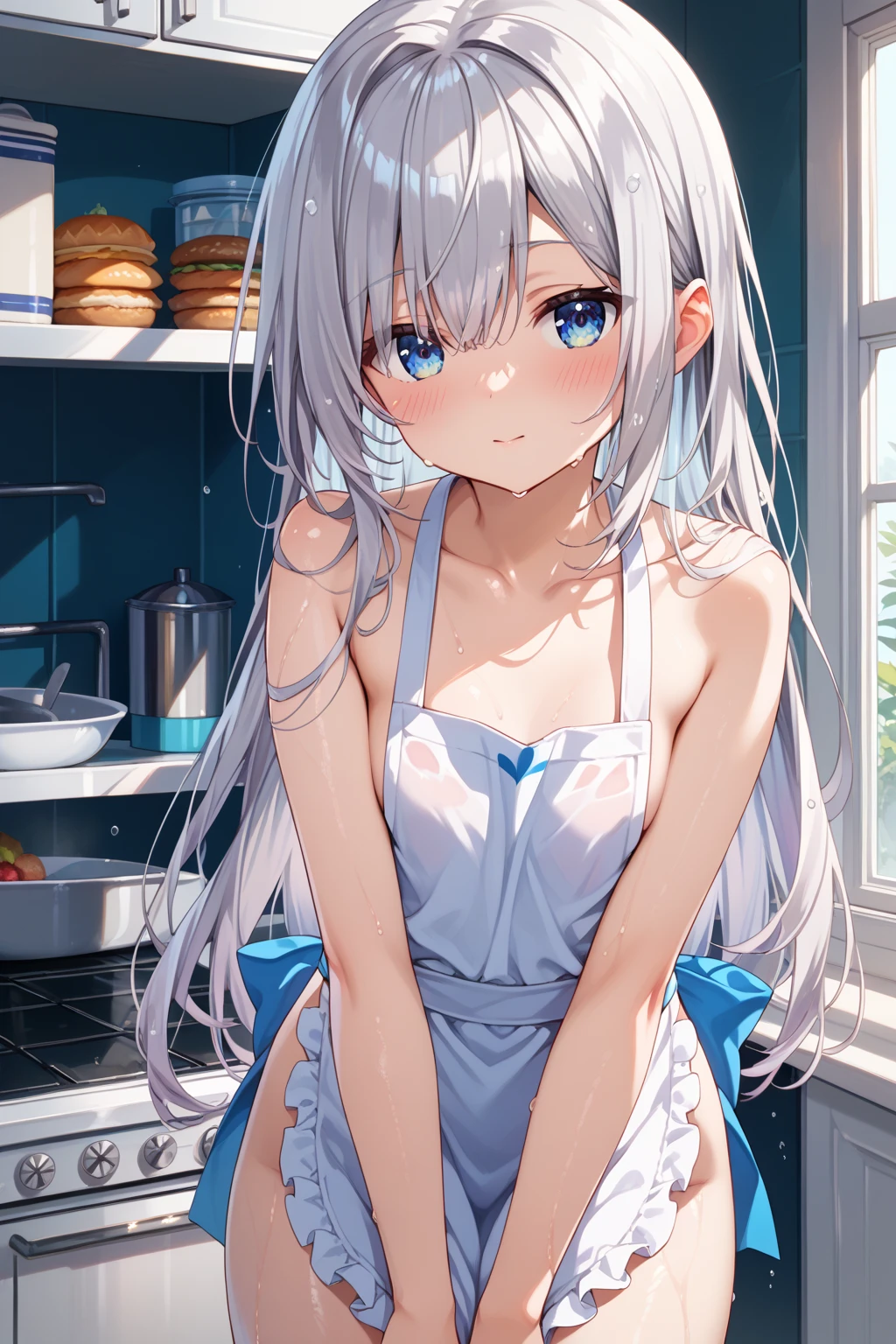 （（（highest quality、first-clasasterpiece、Normal body、8k、Detailed face、Ultra-precision、Normal hand、Normal finger、５Finger、Highest）））、beautiful girl、Silver-white hair、Small breasts、Shortcuts、Naked Apron、Naked with an apron、Sleeveless Apron、Frill apron、kitchen、blush、Embarrassed、Shy smile、Embarrassing but fun、The back is naked、No underwear allowed、Wet and see-through