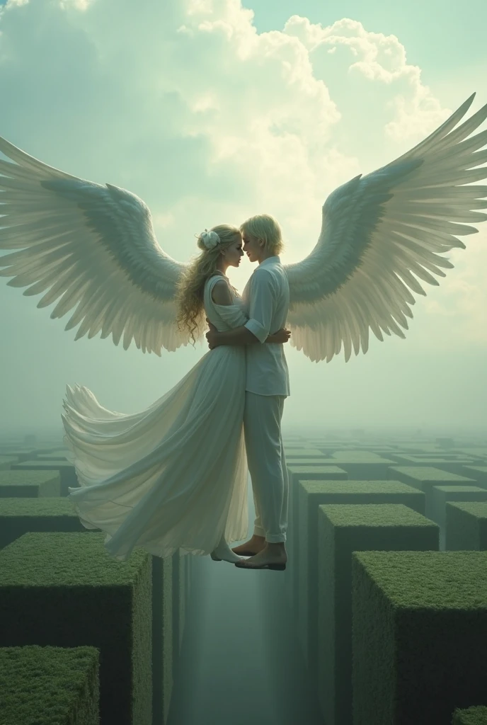 Create a couple seeing each other from very far away, the woman has white wings, pale and thin body, His eyes are blue and his hair is blonde and long.. The man is tall, with athletic body, has freckles, green eyes and black hair. The sky and angels flying can be seen in the background.