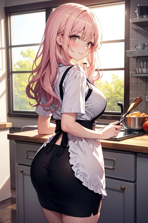 (Masterpiece, computer, mejor quality, Clear focus, shadow, anime style, ultra high resolution, 8K, perfect anatomy, perfect face, (detailed face), ( Detailed eye ), score_9, score_8_above, score_7_above, score_6_above, score_5_above, score_4_above, source _animated, Label 1, Label2, quality_Masterpiece, Anatomically correct, beautiful face, perfect face, Beautiful and highly detailed face and eyes, Attractive face, detailed face, Delicate facial features, detailed skin, huge breasts, breast size cup D or DD, wide hips, gigantic butt, thick thighs. looking at the spectator. Anime-style illustration of a beautiful woman with an elegant and sensual look. A young woman in a modern kitchen. She has long hair, straight and pink, tied in a high ponytail. She wears a white short-sleeved shirt with a dark vest over it, similar to a school or work uniform. The figure is rotated in profile, looking at a pot on the stove, as if she were cooking or preparing something. The environment includes contemporary kitchen furniture and a window in the background that lets in light. The image has a detailed and polished style, characteristic of Japanese digital illustrations. looking at the spectator.