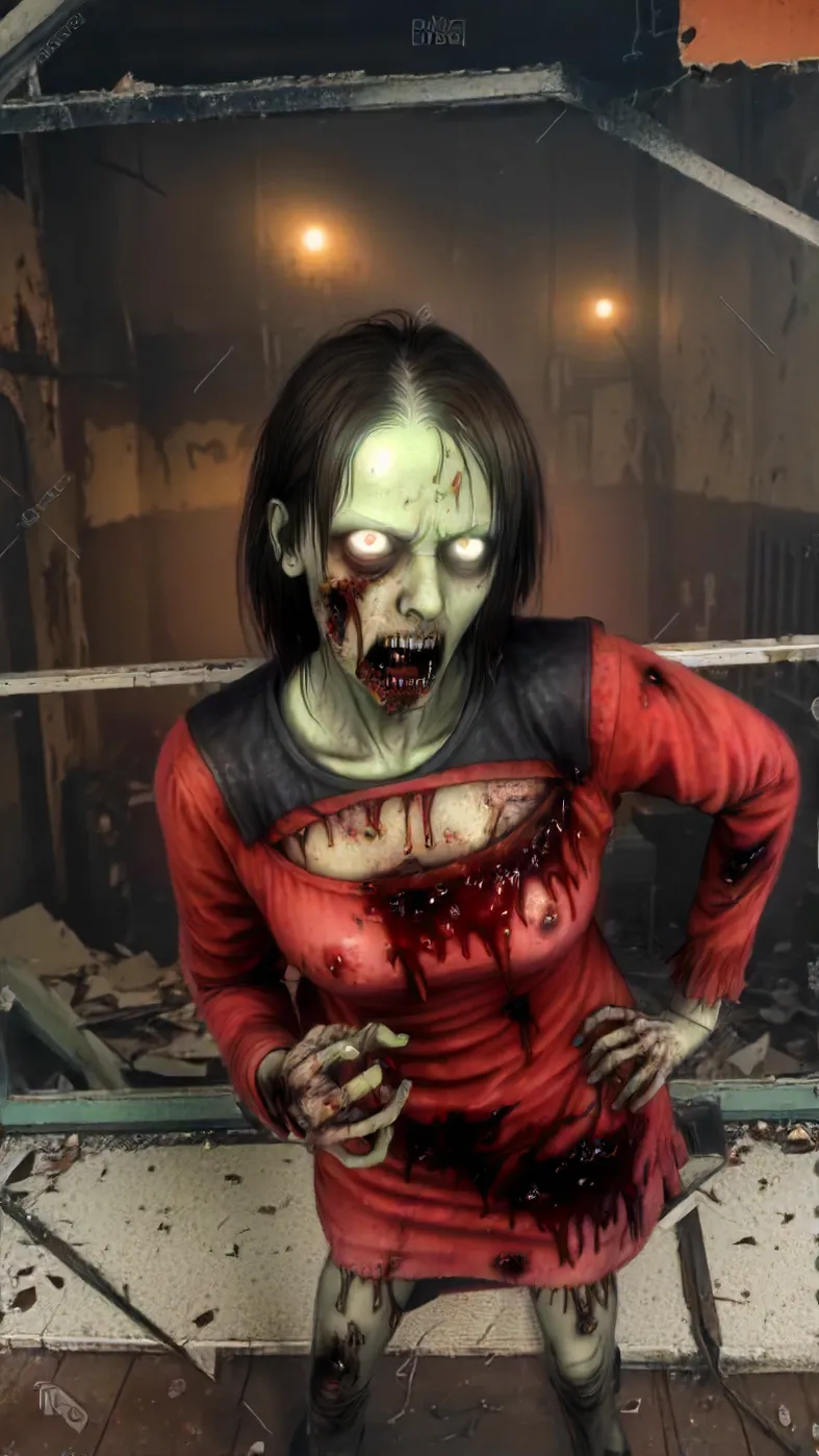 hot zombie girl in a haunted house, realism