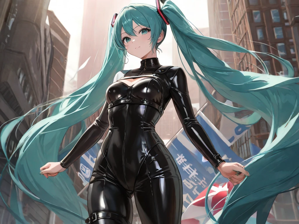 {{1 female},{{{{{Tabletop++, Highest quality++, Super detailed+, Ultra-high resolution,(Realistic:1.4)Cowboy Shot,Hatsune Miku, (vocaloid)RAW Photos,(Hatsune Miku)+,(Hatsune Miku)+, (vocaloid) Expressionless, Light blue hair, Red eyes ,clavicle, Twin tails, ((Black Bodysuit 1.6)),so beautiful, Highest quality, Absurd, One Girl, Brainwashed,}}}} Hollow Eyes,(Eyes glow red :1.4)), ((Big Breasts：1.1))、(The shape of the genitals is clearly visible)) cyber punk, Dark Lab, Dark Room,(Neon Light:1.2), (night:1.5), (Stand up and raise your right arm in a salute, Place your left hand on your hip)