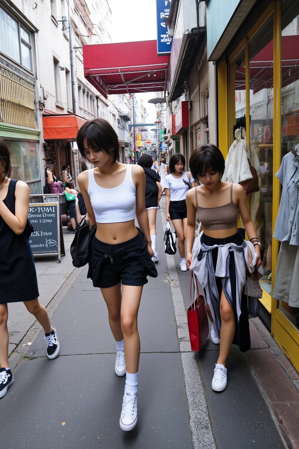 Asian, brune, bronzé, reasliste, t shirt manche longue, bras caché, lumineux, dans la rue