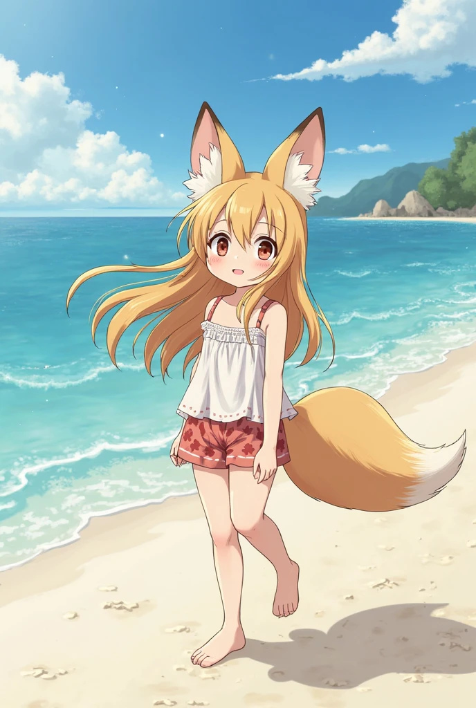 (cowboy shot:1.1),Haruhime,solo,medium breasts,looking at viewer,happy,wariza,outdoors,beach,(yellow bikini),front-tie bikini top,bare arms,bare legs,hand on own knee,sidelocks,fox tail,