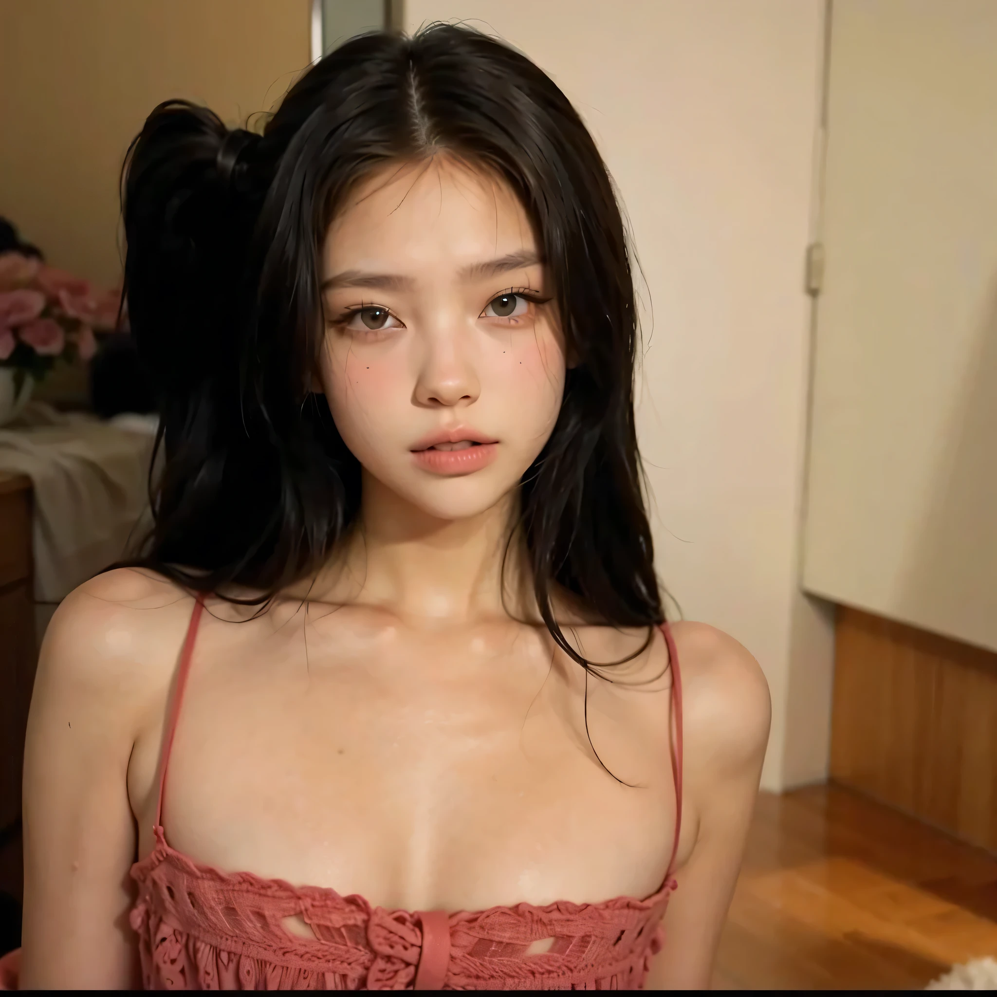 8K, RAW Photos, Fujifilm, ((in the office)), ((Highest quality)), ((masterpiece)), (detailed), (embarrassed,blush:1.3),
,(steam:0.8),(wet:0.8),(sweat:0.8),(trembling:1.3)
,(parted lips:1.3),(harf open eyes:1.4),(feeling weak:1.5),((one girl:2.5)),((lace-trimmed panties)),長い髪と白いトップを持つアラフェアジア人woman,美しい韓国人woman, 美しい若い韓国人woman, Young and adorable Korean face, ゴージャスな若い韓国人woman, Korean Girls, Girl cute beautiful face, 韓国のwomanアイドルの肖像,(flat chest:1.4),Young and pretty Asian face, Cute natural anime face, slender,Asian pretty face,((glistening eyes)),((glistening eyes )),((large eyes)),(( pretty eyes)) ,(detailed),Perfect Face,((One girl)), ((clear eyes)),(scrawny：weight1.0〜2.0), (completely nude:1.8),iris, Elevation, space, (Natural Light), Dramatic lighting, Chiaroscuro, Emotional depth,woman,((nude)),((show off nipple)), ((flat chest:1.7)),naked,slender,(well-groomed hair),delicate,Small breasts,((Small breasts)),the body is slender,Beauty,Beauty,4K quality,Young face,Big eyes,Brown eyes,Perfect Face, 19 years old,breasts are very small,Model Body Type,Cute Face,Pink nipples,Symmetrical eyes,Glowing eyes,Natural smile,((Always show your boobs)),((Gaunt)),beautiful,((a short bob)), ((half body)),( topless models hoot style),((intricate choker necklace)), (intricate earrings),((nipple)),Fine-boned face, (beautiful fingers),(beautiful hands),Thin eyebrows