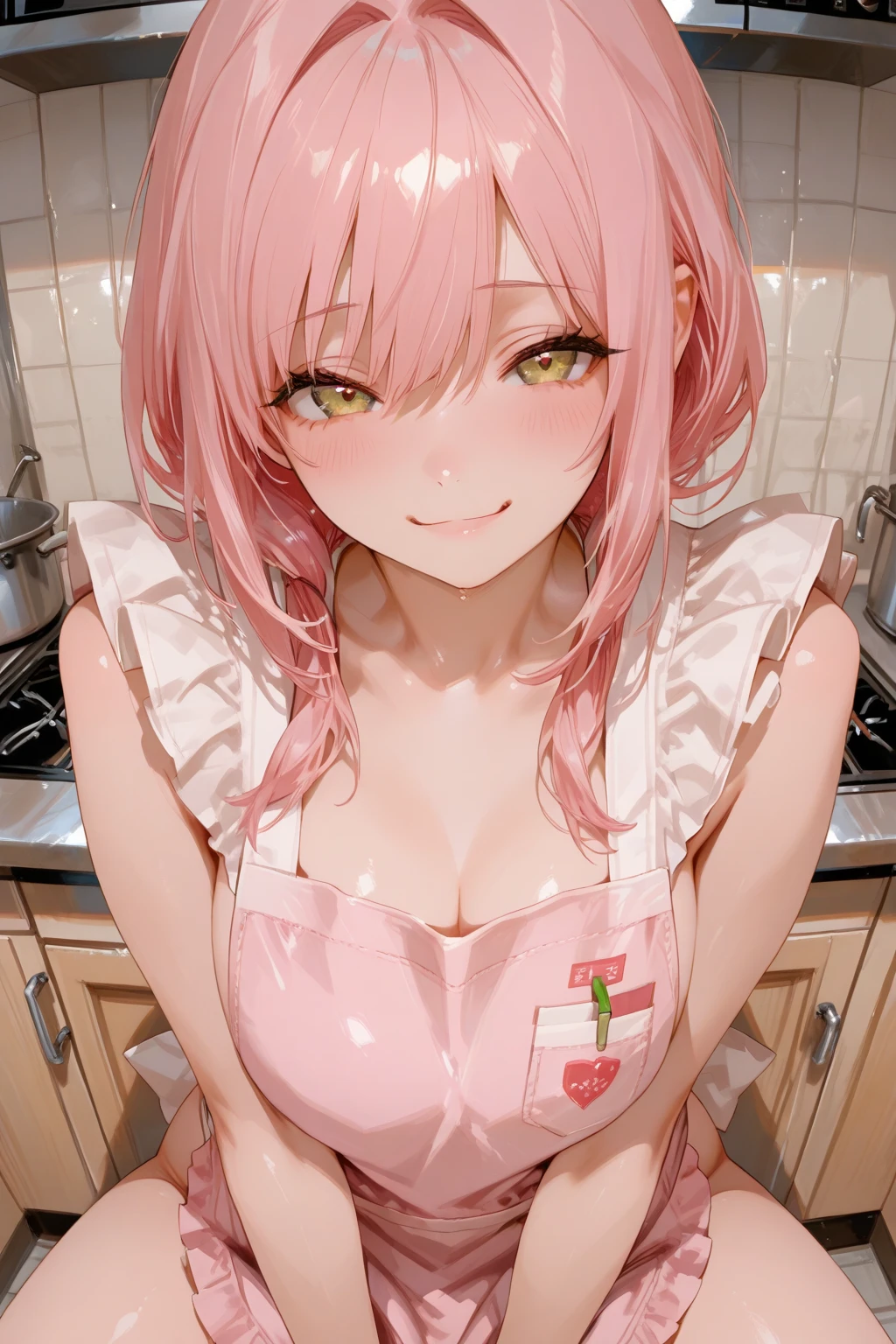 detailed illustration, dynamic angle, ultra-detailed, illustration, 1girl, 24 years old, short pink hair, wild hair, bright blue eyes, detailed eyes, smiling, happy, delighted, medium breasts, leaning forward, bending forward, cleavage, kitchen