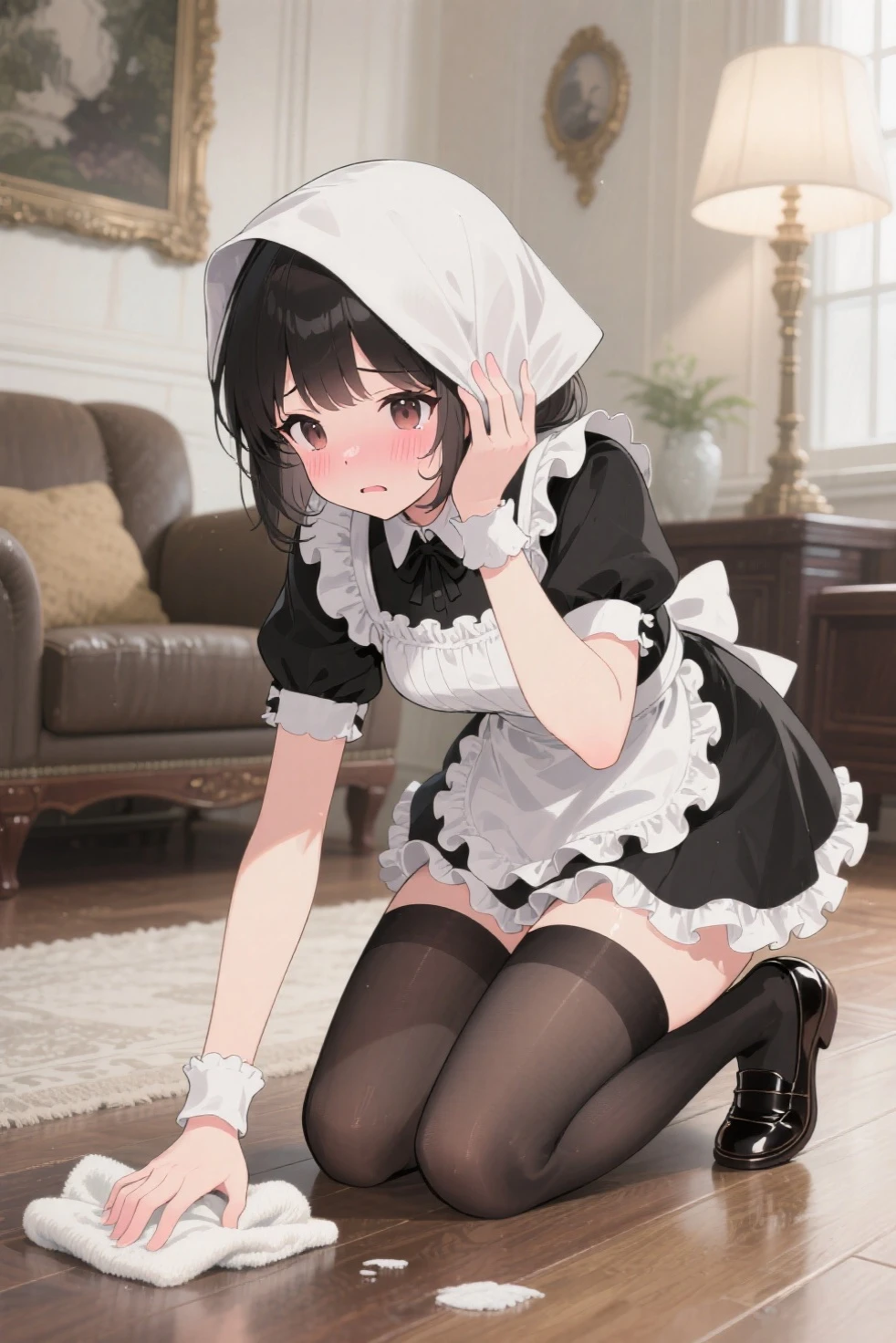 18-year-old boy,cute,Wear the maid outfit and a black work tie,Wear a maid hat,Wear cat ears,Wear black pants,Wear black booties,Wear white gloves,Black hair,Black eyes,blush,sweat,porn pose