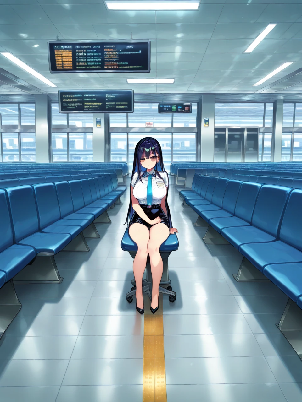 blue eyes, black hair, high res, ultrasharp, masterpiece, skinny legs, crowd not notice visible to viewer, secretly having sex, very close to other people, long wet shirt, tiny girl, pussy penetrated by a penis, low seating, looking to the left, surprised, eyes wide open, airport, jeans with hole