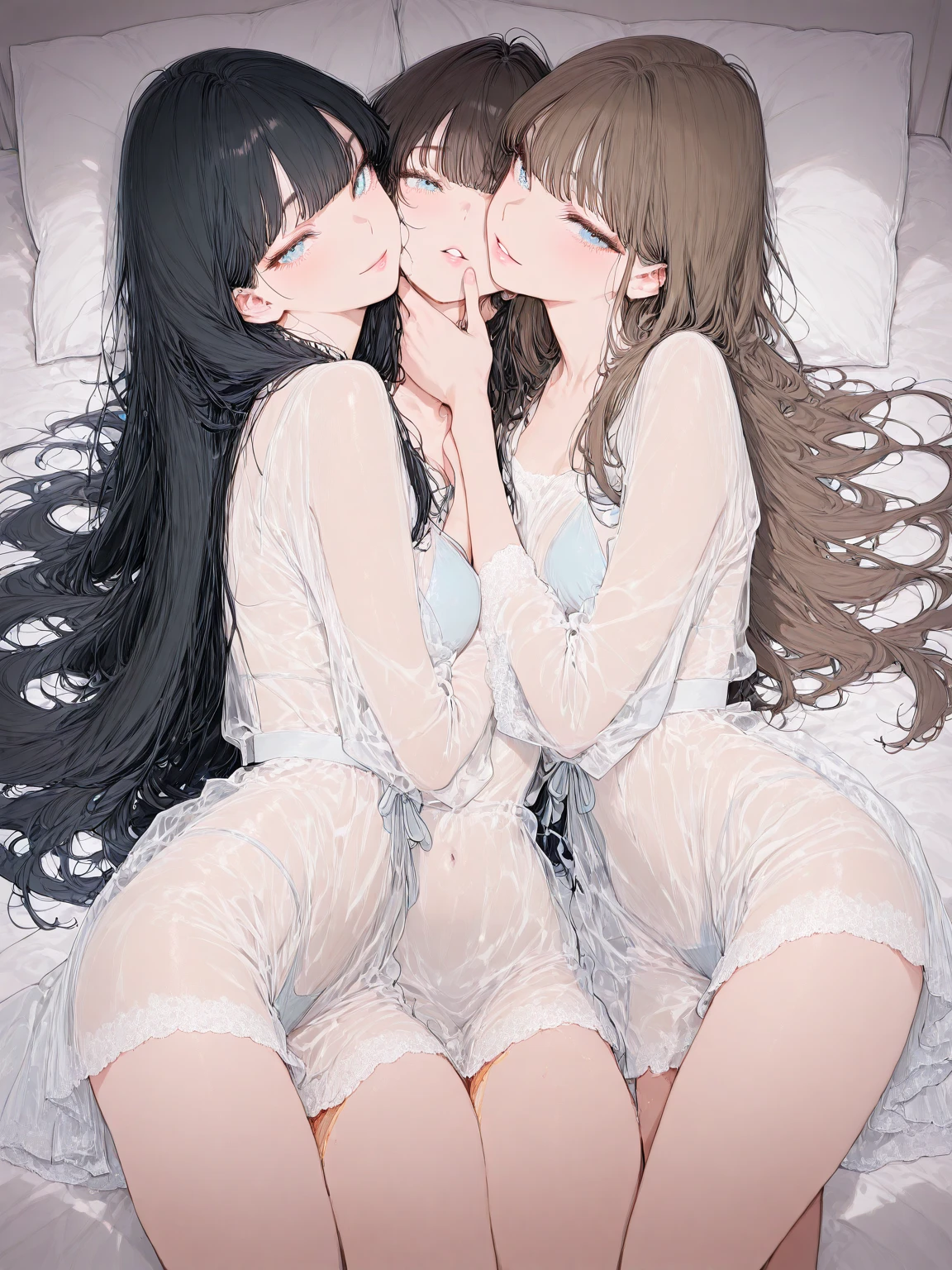 hig quality、Best Rendering、8K、A beautiful, A masterpie, beste Quality, extremely detailed face, Perfect lighting, 2girls,Get between the open legs、Holding each other's hands、Looking at each other、Wet with sweat all over the body、Offensive and receiving、Deep kiss、tongues intertwine、Perfect Body、tiny breast、on top of bed、Sleeping on your back、Almost naked、ecstasy、Sweating all over the body、Wet crotch、Spread Leg、Spread your legs、Torn thin white lingerie、pastels、central、close-up to face、Scale to dimensions、camel's toes、、mouth open wide、Tongue out、Beautiful tongue、Close your eyes、Heavy saliva dripping、ecstasy、Beautiful teeth alignment、A large amount of cloudy liquid dripping from the mouth to the chest、