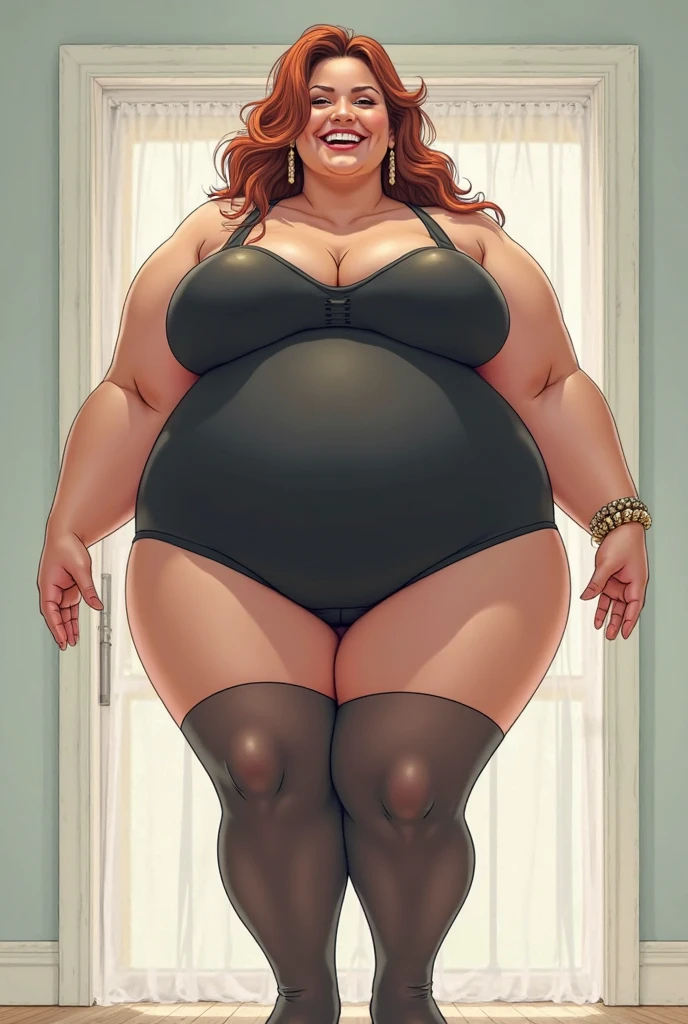 Cherry Jubilee, wearing sexy yellow bra and yellow panties, smug grin, massive fat belly, Cherry Jubilee Equestria Girls, full body, Standing, in the living room, Cherry Jubilee, cuerpo completo, high resolusion