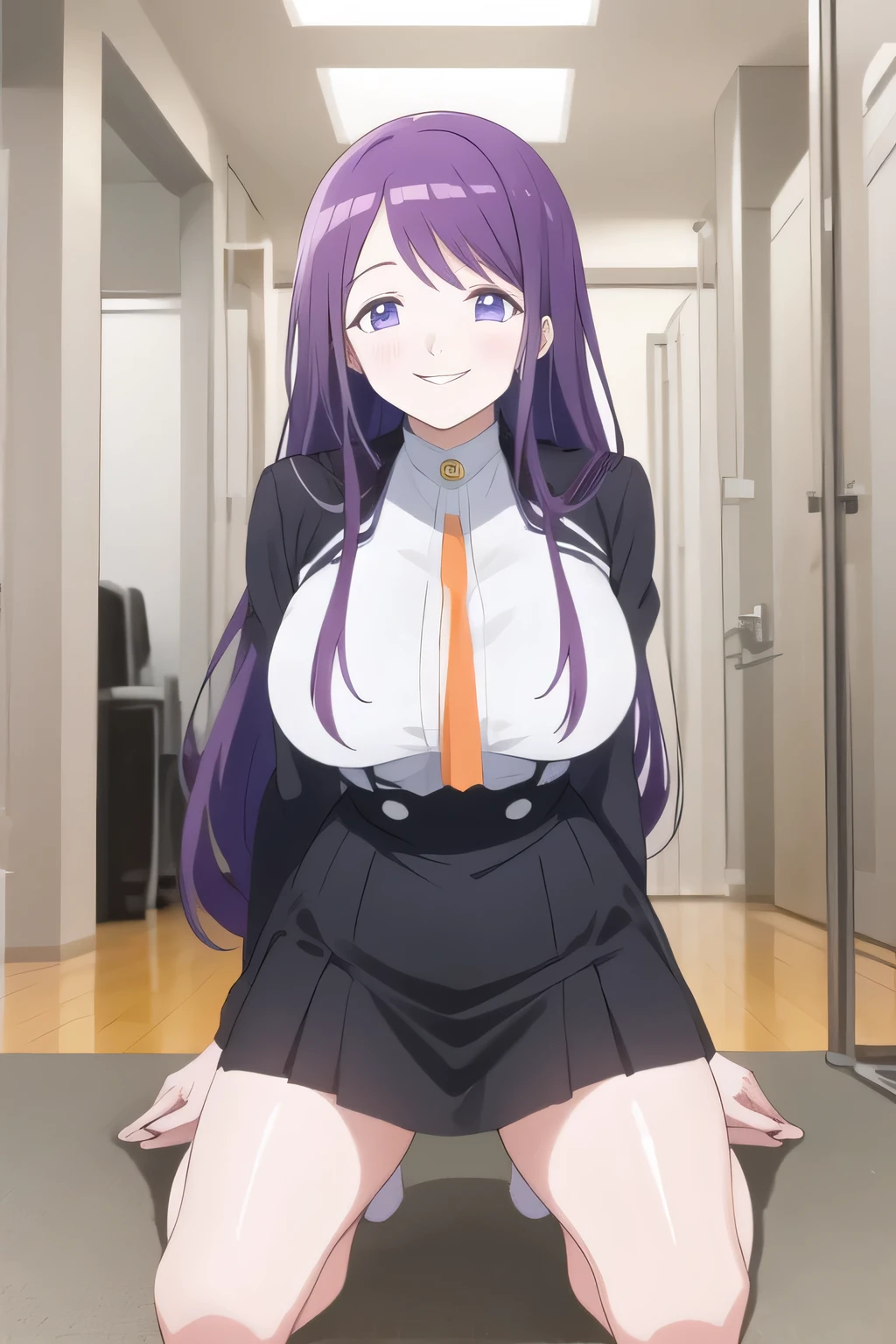 Purple Long Hair,Uniform ,Can you draw a nice smile,,High School Uniforms,navy blue miniskirt,,OL ,Inside the building,Let's draw a more delicate expression,A woman with a lovely smile,Delicate expression is given top priority, so I definitely need a face,Can you draw a nice smile even if my breasts are big and my waist is thin,beautiful legs,Describe the hands and feet of a 20 year old accurately,Big breasts, ,First, I need a delicate expression,even with big breasts and a thin waist,