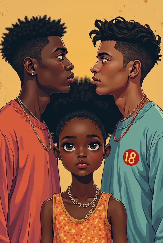 A girl is crying and there are 4 muscular men around her caring about her, illustration style