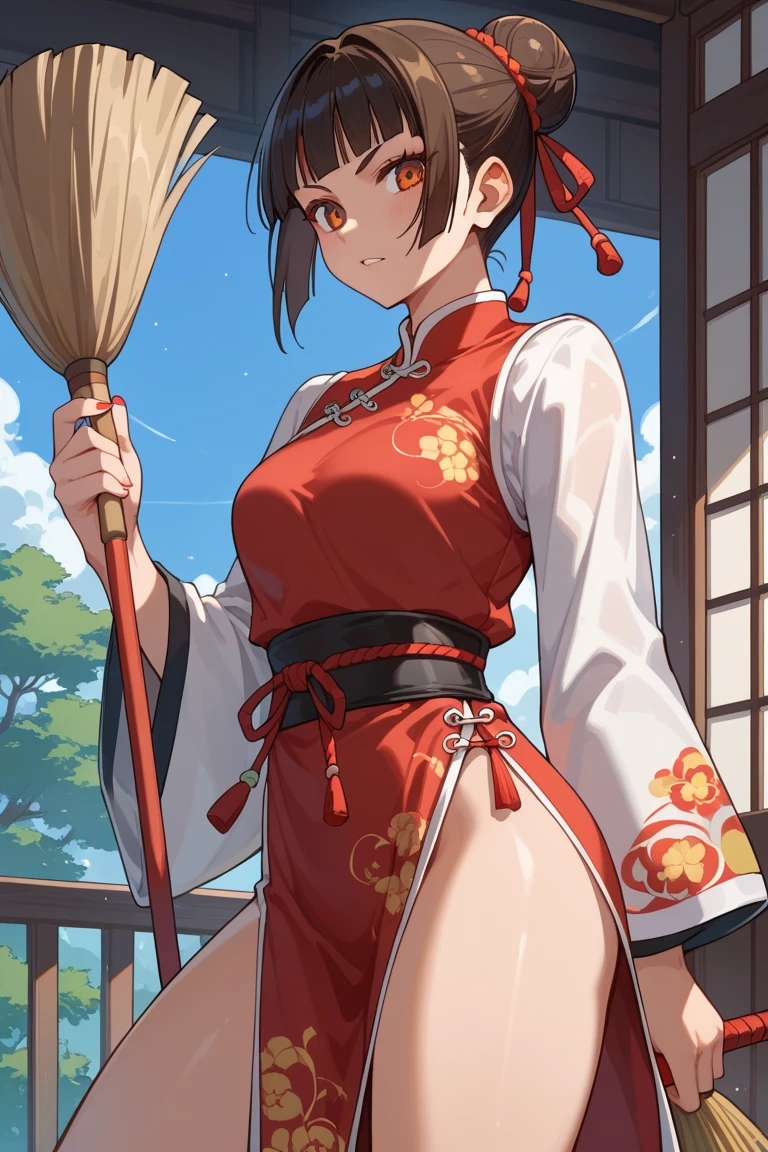 masterpiece、High resolution、Highest quality、1 girl、natsuiro matsuri、Festival Base、Back view、Brown Hair、High ponytail、Round green eyes、Sanja Festival、short hair、Headband、Bleaching、Loincloth、Blue Japanese traditional haori、smile