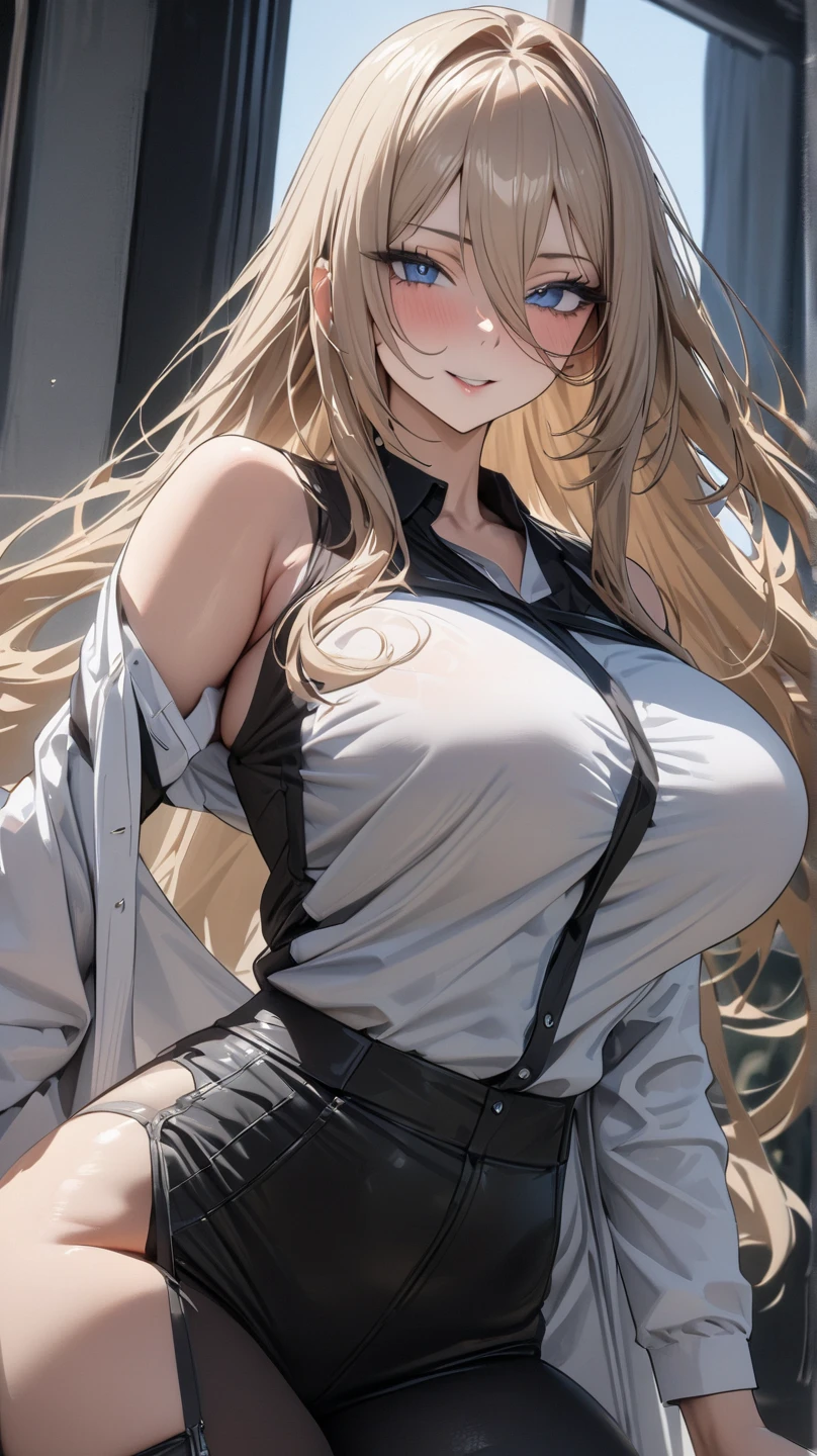 ultra-detailed、sensual, ((long blonde curly hair)), thick thighs, 8K, 4k, highest quality, High resolution:1.2), cute anime face, noise reduction, ((Glowing green eyes, gentle smile, kind eyes))、toned abdominal muscles, muscular arms, muscular legs,  young face, anime eyes, (((big breasts、A chest that is about to burst)))、(((bondage style)))、(((Rear view、I&#39;ll turn around、emphasize the buttocks、T-back that digs into your butt)))、(((white string:1.5)))
