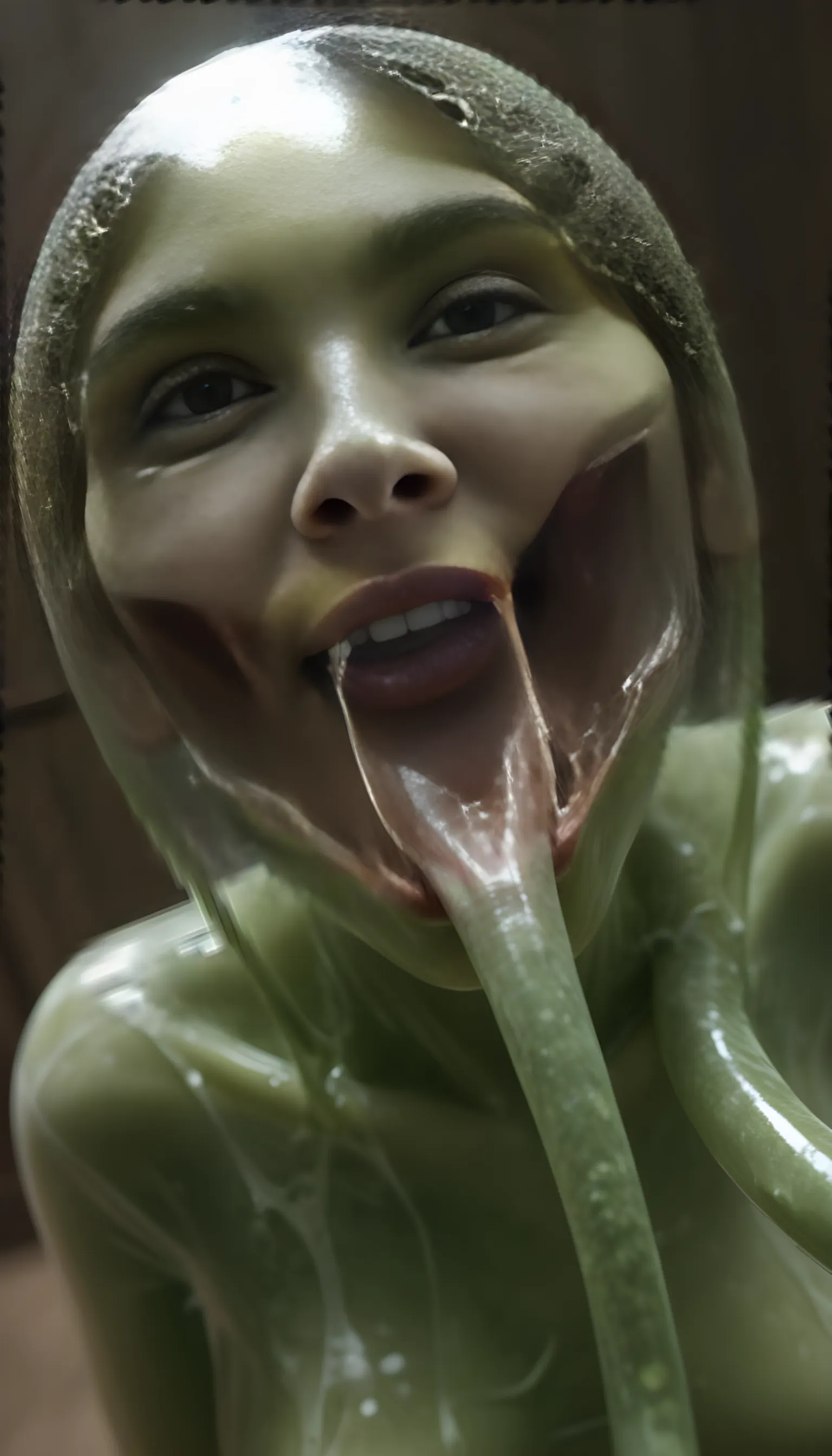 ((Best quality, 8k, Masterpiece: 1.3)), Sharp focus: 1.2, A beautiful woman with perfect body: 1.4, Slim abdomen: 1.2, ((Layered haircut, Large breasts: 1.2)), (no bra) (Small) ((Green slime falling down)) high quality, best quality, masterpiece, 1girl, smile, long hair, stage, Tv game show, attractive brunette, slimed woman, ((green slime falling on her hair and face)), woman sitting on a chair, laughing crowd, shallow depth of field, large audience, Slimed, woman, shocked, photorealistic, full length, bright studio, crowd behind.