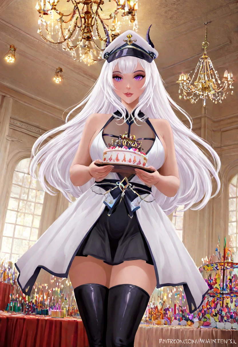 White curly hair, red eyes, 21 years old, Pale skin, Female, Hour glass body w/ pale skin, Diamond & silver crown, White marble & gold detailed corset, white lace false collar sleeves, silver claw hand jewelry, eating pastry, holding a plate of cake.