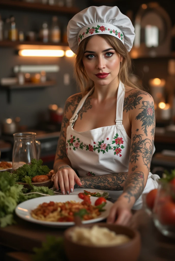 masterpiece, best quality, extremely detailed, hyperrealistic, photorealistic, a pretty brazilian woman, with various tattoos, baking cake:1.1, kitchen, plain apron:1.2, ultra detailed face, detailed eyes, pointy nose, smiling
