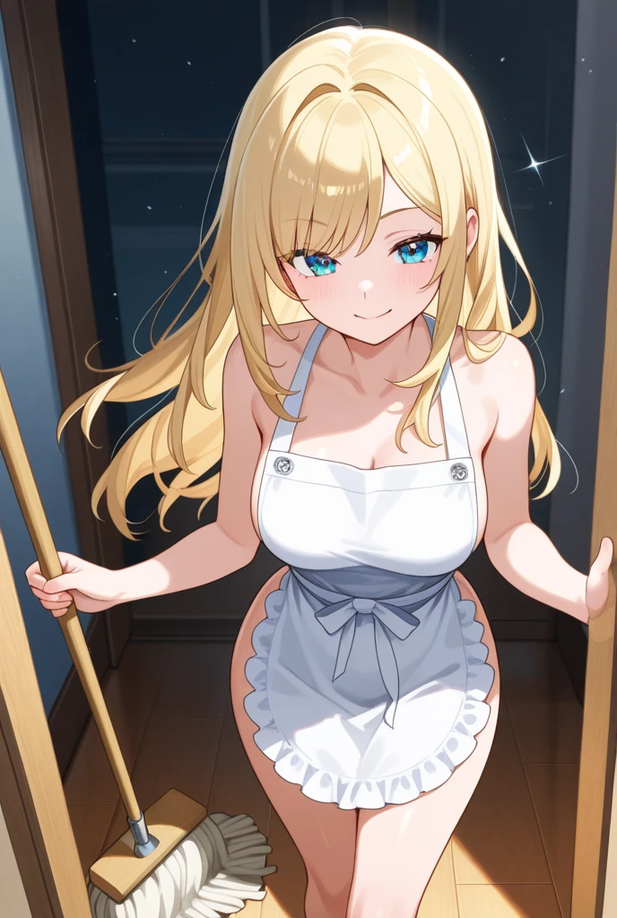 Naughty woman 、16 years old、Blonde ponytail、Hair longer than waist、Ample breasts、slender、Laugh with your eyes closed、Twinkle smile、anime、pale blue eyes、Naked Apron、White apron、In the kitchen、Stretch out your arms、Stretch your body