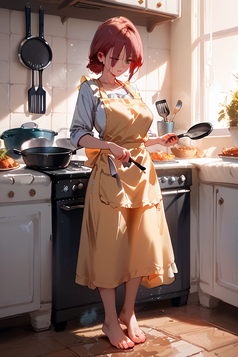 ((best quality)) , ((masterpiece)) , (detailed),1 female,(((Goldfish Bowl))),kitchen,Female chef,High heel,((whole body))