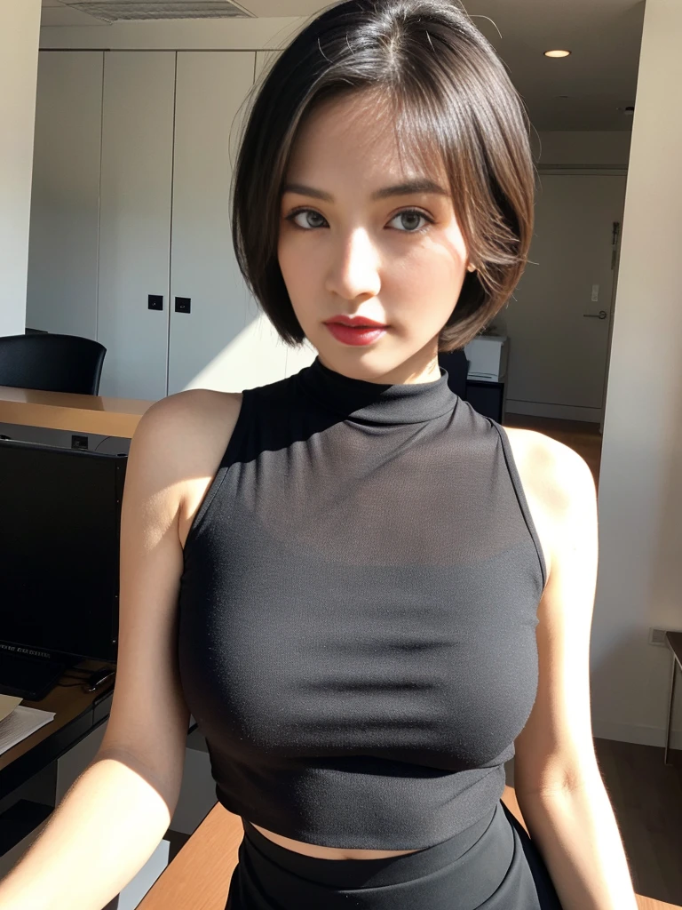 there is a woman with a black top posing for a picture, with short hair, Korean girl, Gorgeous young Korean woman, Choi Hyun-hwa, beautiful Korean women, Korean woman, Beautiful young Korean woman, jaeyeon nam, sakimichan, Asian girl, young cute wan asian face, 8K)), friendly seductive smile