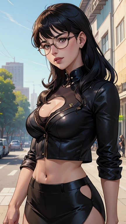 deep realistic shadows, detailed eyes, full height, (high quality), high detailed background, masterpiece, high detailed face, high detailed finger, older girl, (glasses:1.3), (dark blue hair:1.4), (huge ahoge:1.3), (perfect yellow eyes:1.2), disheveled bobcut, (skinny body:1.3), slim waist and hips, long fit slender legs, (accurate small breast:1.3), nipples trough clothes, (realistic style), naked jacket, very thight low waist pants, cropped thight jacket, (detailed), tomboys, european girls, cityscape