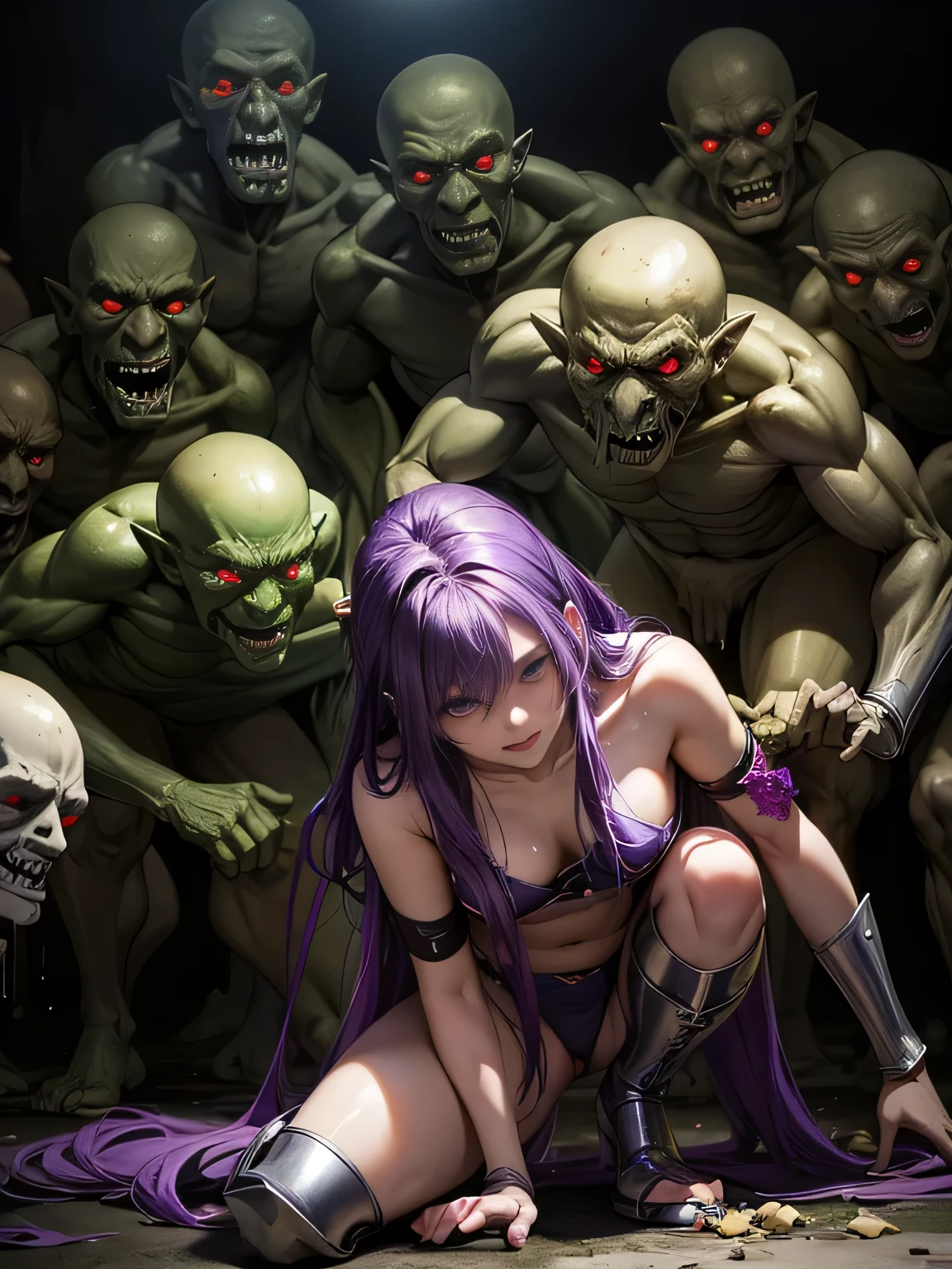 Highest quality、rape、Captured by mutants、Surrounded by mutants、defeat、Beautiful woman with very long purple hair、White Armor（Medium breast、Off the shoulder、No sleeve、No elbow pads、Belly button、High Leg、Exposed thighs）、White Armorのブーツ、Tears overflow、Frightened expression、Fleeing 1:5、Attacked by mutants 1:5、Many violent mutants 1:5、The mutant grabs him by the arm.　Mutant attacks from behind、Mutant grabs leg、Mutant Swarm 1:5、darkness、another world、Dark fantasy、Pitch black hell