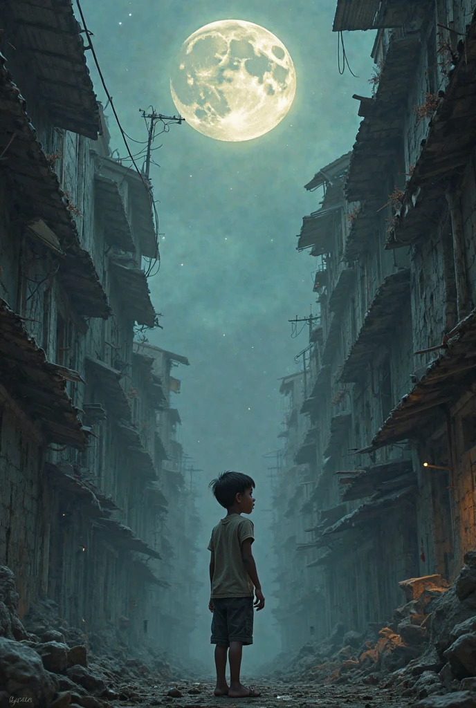 A moon with a slum boy looking at it