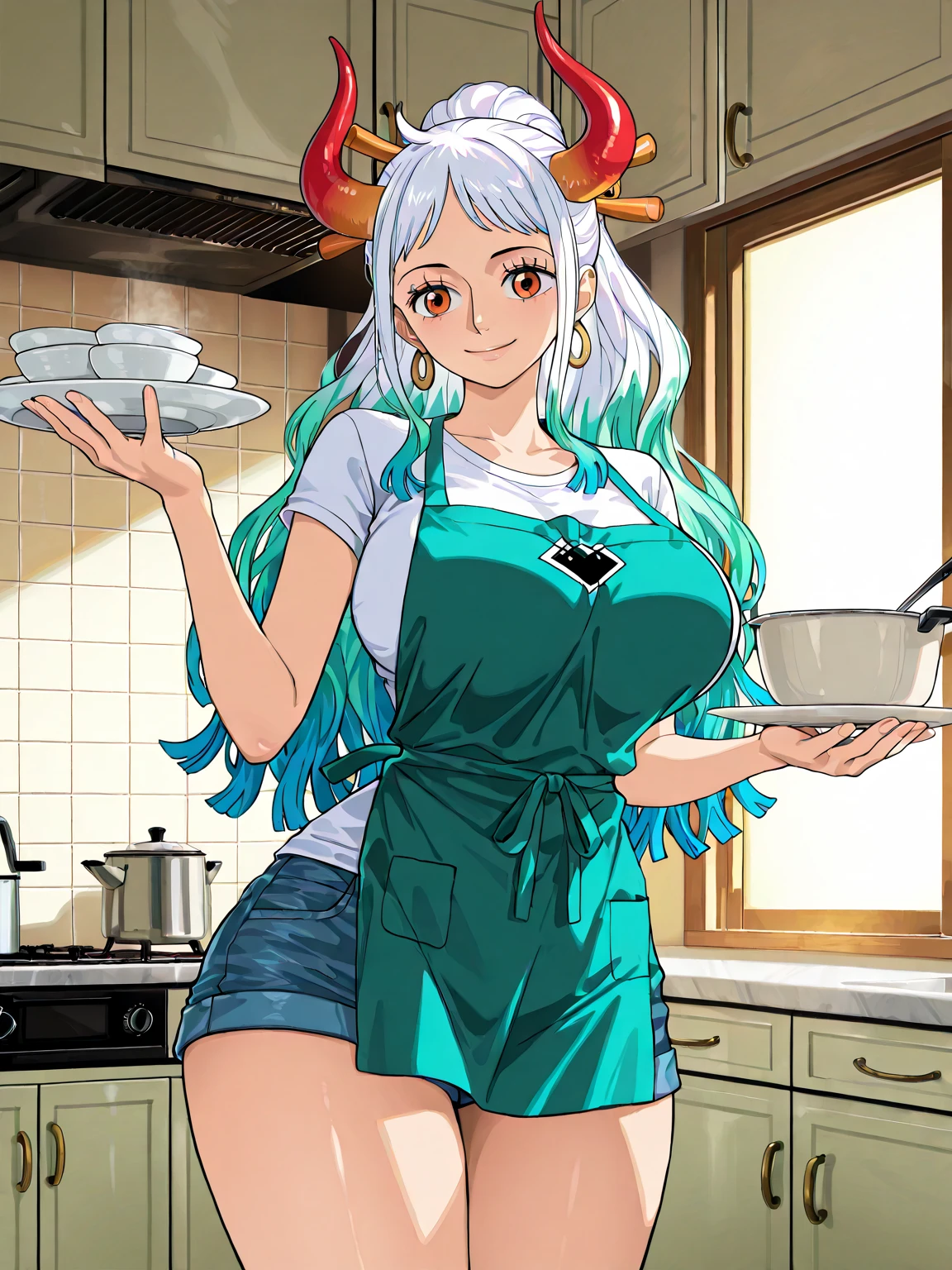(Best Quality, Masterpiece),sexy mommy, , detailed face, Front cover of a women's cooking magazine, , naked, erotic, 18+, nsfw, 1girl, 30 years old, stunning, cute, heartwarming smile, hourglass figure, wearing floral dress, pinny apron, beautiful food, text, diagrams, advertisements, magazine title, long white hair hair