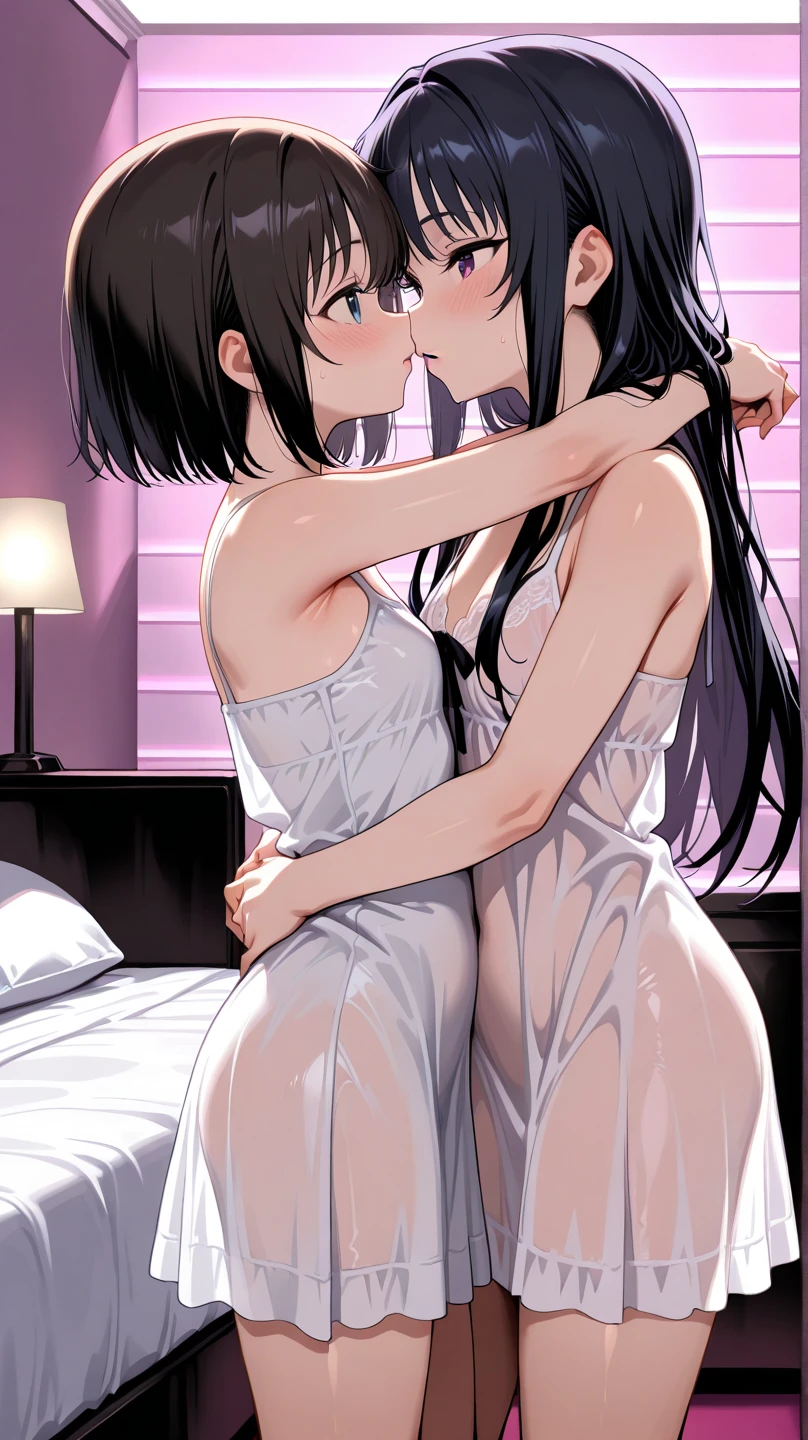 a cute nude cat girl with your little daughter, wearing lipstick, with oversized breasts, smiling, digital art, hyperrealistic, 8k, photorealistic, highly detailed, intricate details, cinematic lighting, vibrant colors, warm color palette, masterpiece, wet, in the bathroom, black hair, kiss, mother with huge breats, daughter with flat bobs, daughter sucking on her mother's breasts, mother with a penis