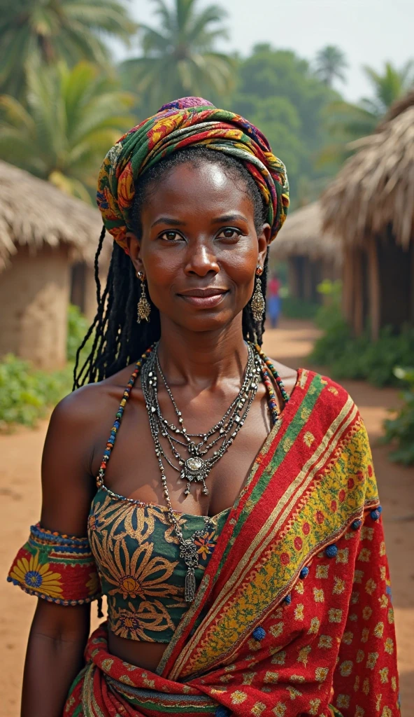 film grain analog photography,african woman, wide-eyed expression, joyful, masterpieces, surprised, open-mouthed smile, traditional necklaces, beaded jewelry, patterned garments, polka dots, cultural attire, warm tones,