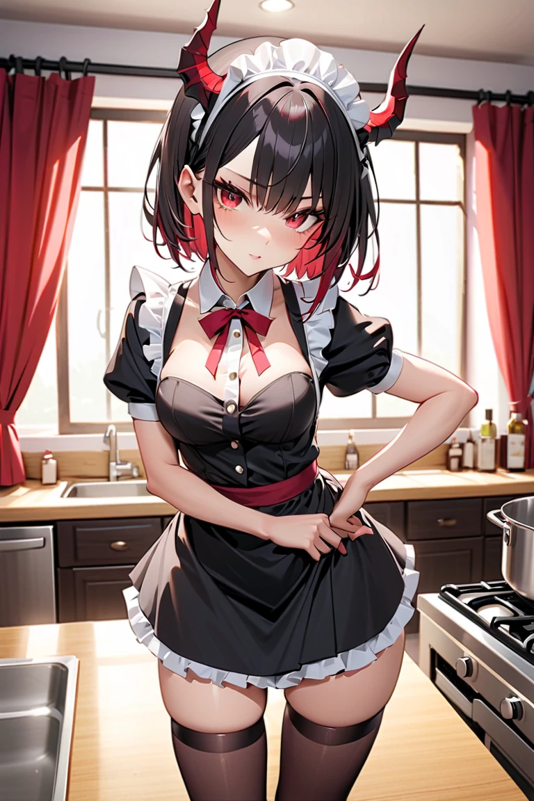 CG 8K ultrarrealista,obra maestra,((Fondos ultra detallados,patrones delicados,Detalles complicados)),La mejor calidad en el mejor de los casos, digital art manhwa style minimalist oil painting a woman Beautiful In love blushing cheeks Flirty smile. (short straight black hair, scarlet eyes,long eyelashes and rosy cheeks, black dress close to the body, slim body round hips, big breasts,la cara beautiful,Kitchen apron postura cautivadora,)
