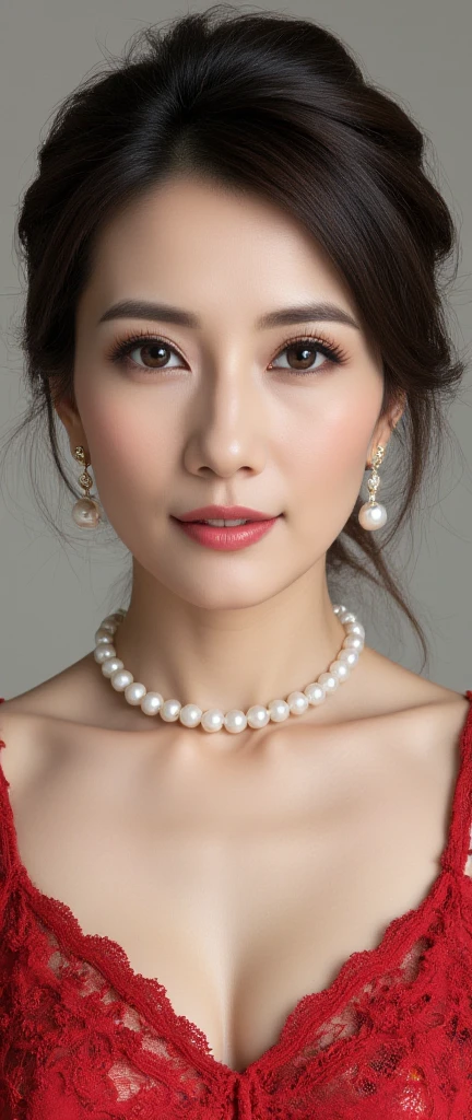 1 girl, national foundation, ((8k, raw, masterpiece: 1.5)), (Professional photography, sharp:1.2), Perfect dynamic composition, (Natural sun light), (soft shadow), (Perfect body:1.4), (((skinny figure))), ((huge round breasts: 1.35)), (((((medium long hair,bangs))))), Ultra-detailed faces and skin, perfect asian, White skin, (Delicate skin:1.4), (latex skin:0.4), (perfect glowing skin:0.6), light brown eyes, beautiful eyes, round eyes, pretty face, blush, glossy lips, ((plump lips)), glossy eyes, Really moist skin, looking at camera, Elegant pearl necklace, Elegant earrings, minimalist, (((red shirtdress)))