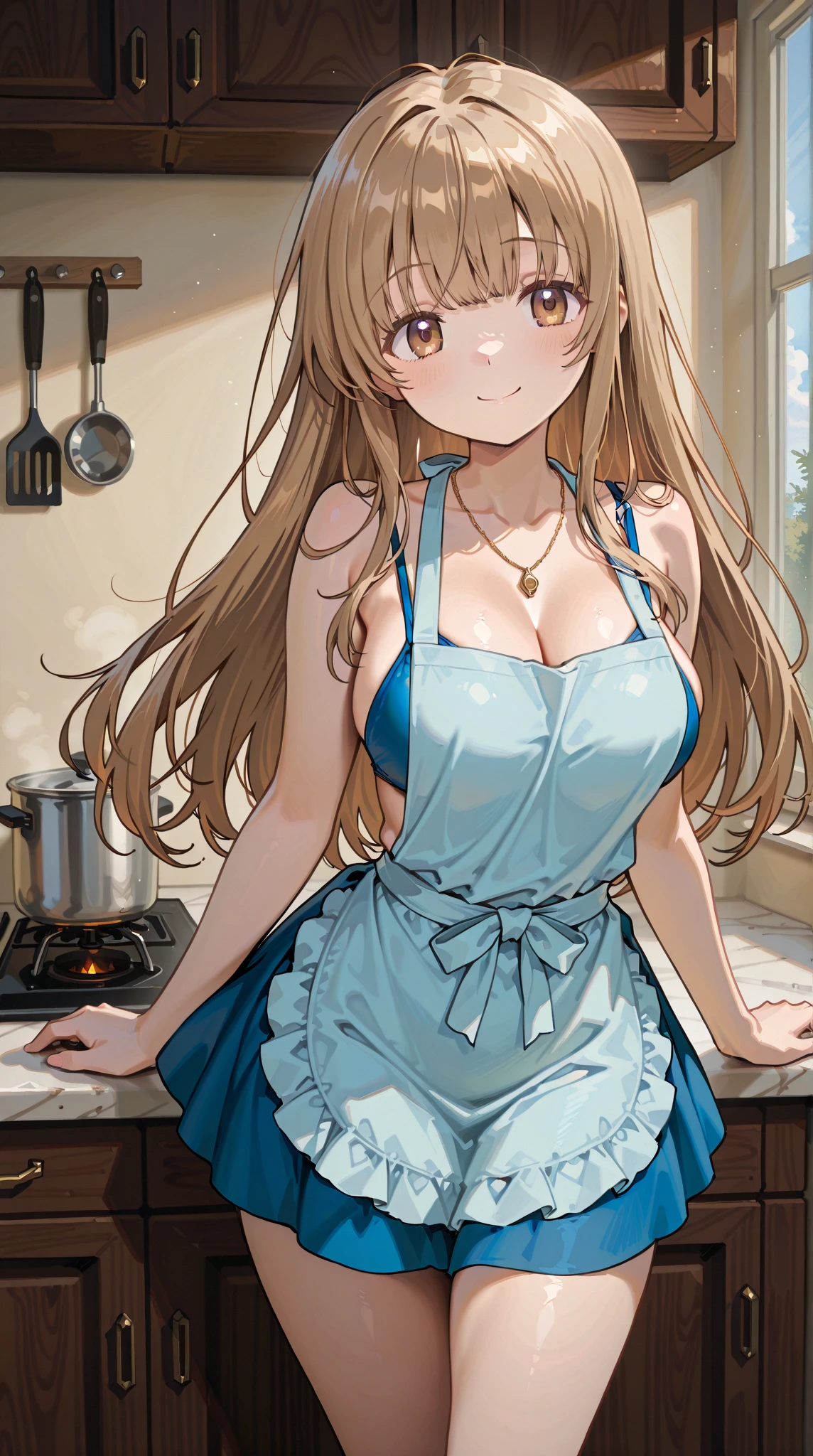 1 woman,bronde hair,blue eye,medium wavy hair,forehead,gigantic breasts,blush,smile,parted lips,naked apron,standing,from left in front,kitchen,
