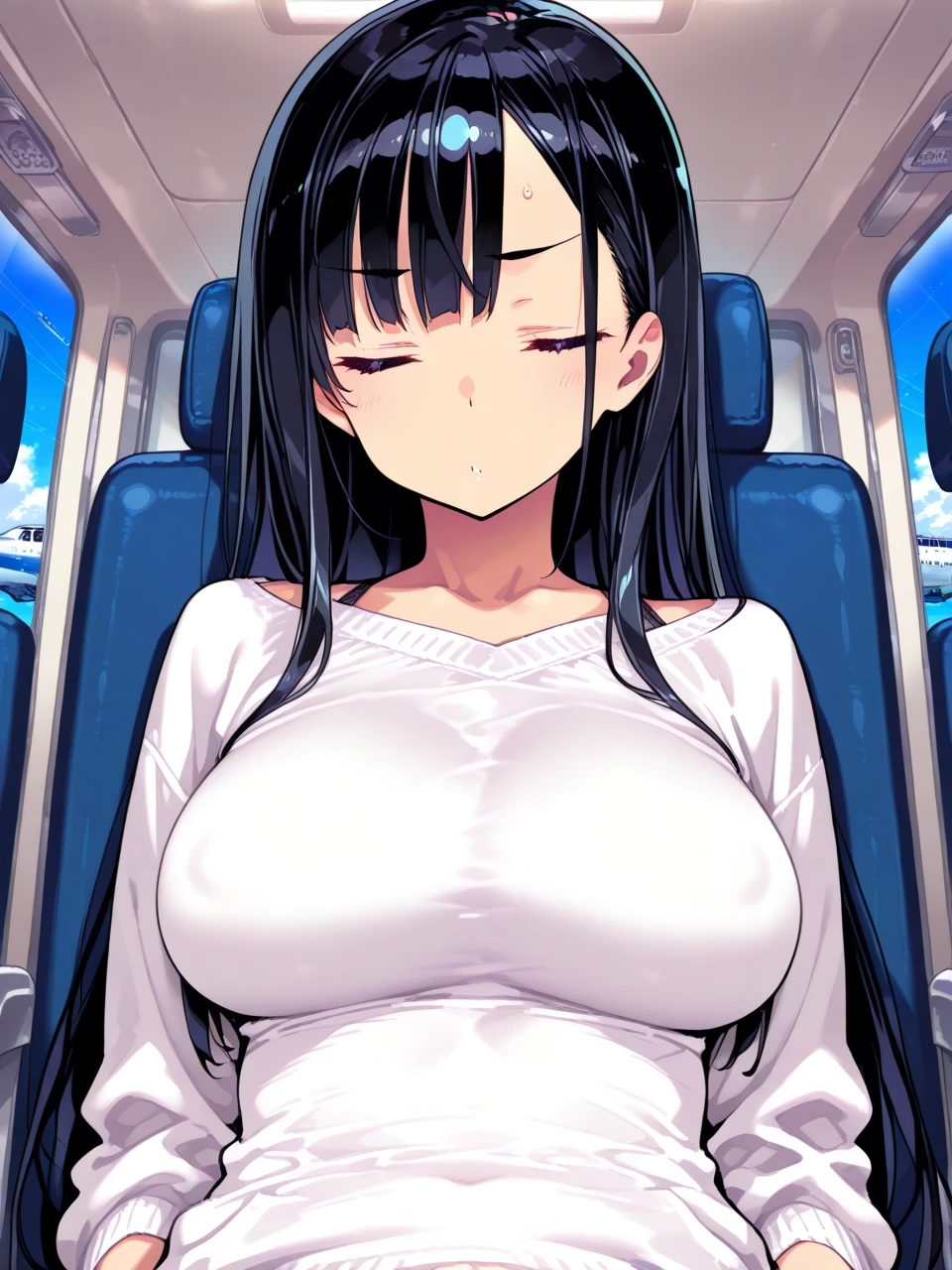 nfsw, top quality, 8K, ultra high resolution, (realistic: 1.4), Older women only, beautiful face, symmetrical eyes, large full chest, perfect body proportions, Viewer's expression, (Inside the plane: 1.2), Front view, shoulder jump, Absolute area (1.3), open your clothes, show off chest, (裸のchest:1.3), paizuri,chest ,chest絞り,chest部1,(男性が女の子のchestを前から掴んでいる:1.5), (前からchestを掴む:1.3), (man in front of girl:1.3),Sex from before, (intercession for humans:1.2),(The man is out of frame:1.5)、black hair、long hair、bangs、whole body、Completely naked、full nude、my crotch is wet、chestの谷間を見せつける、big breasts、pink nipples、男にchestを揉まれている、in agony、The moment of climax、Cumming face、embarrassing、sexy look、Trance expression、Pure Erotic Face、Being humiliated、unparalleled beauty、Two-dimensional beautiful girl、I