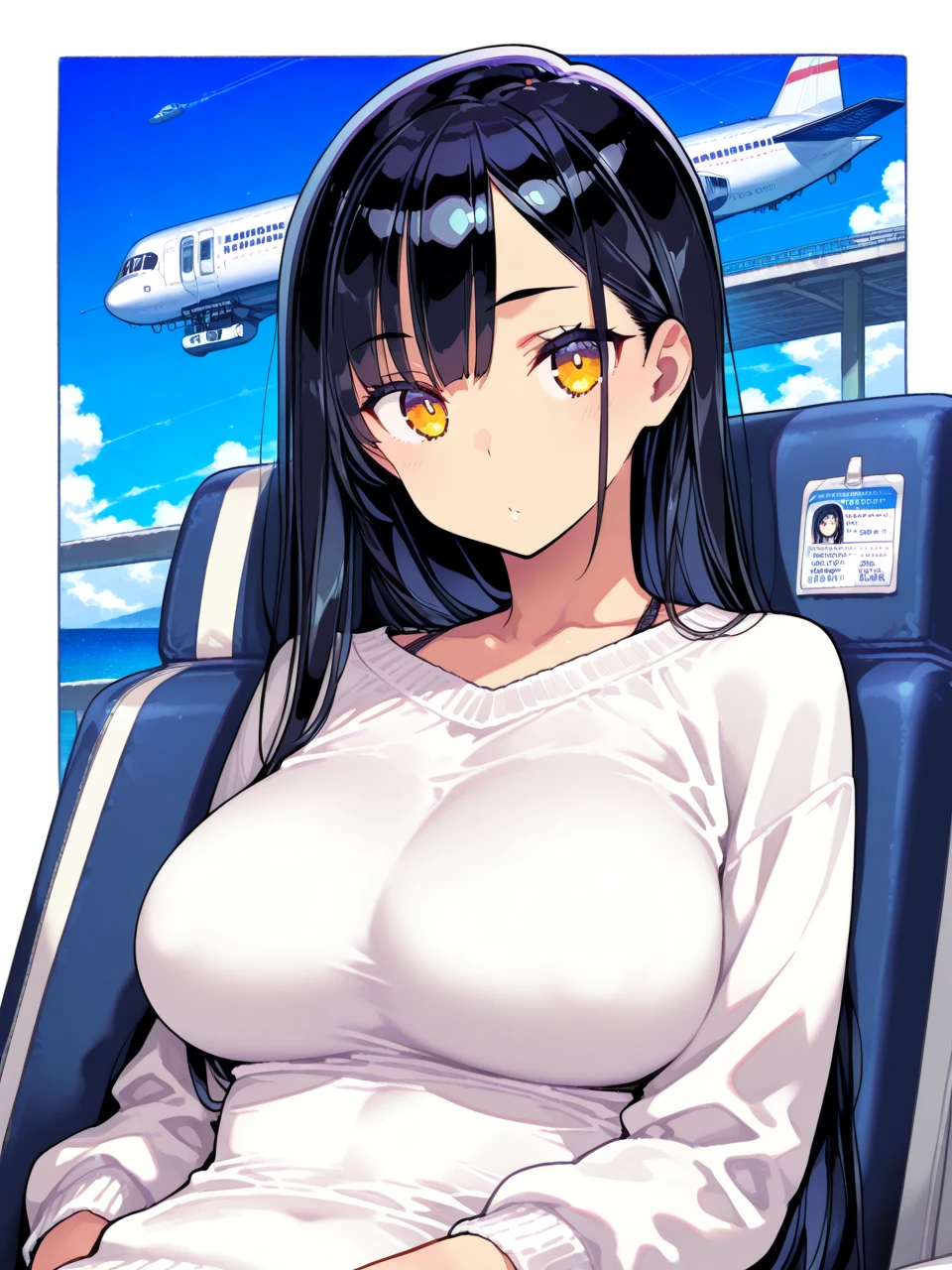 Anime illustration Plump body Cabin attendant woman Delicate embroidery Bright sunlight Archaic smile Sparkling eyes、Colossal tits、Close-up of people、超A high resolution、Anatomically correct human body、Expose nipple、exposing their genitals、Wearing sweat、First Class seats、in an airplane、seminude、Soft thighs、in an airplane、Gal