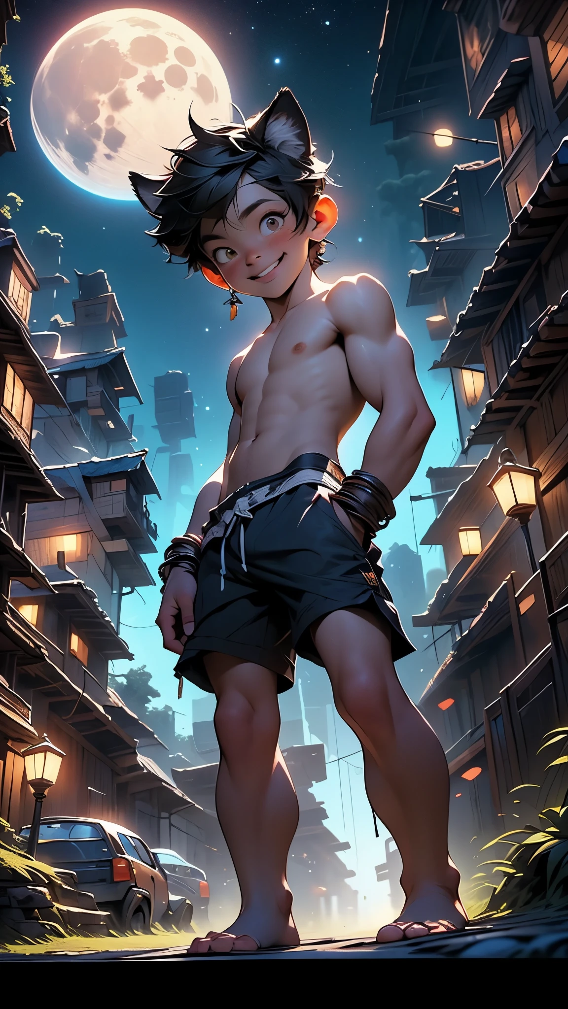 1children boy, Full body version, 1character, purple eyes, short haircut, angry eyes, black color hair, topless, sandals, Grassroots, full background in town, motion blur, lighting, (one piece art), standing gesture