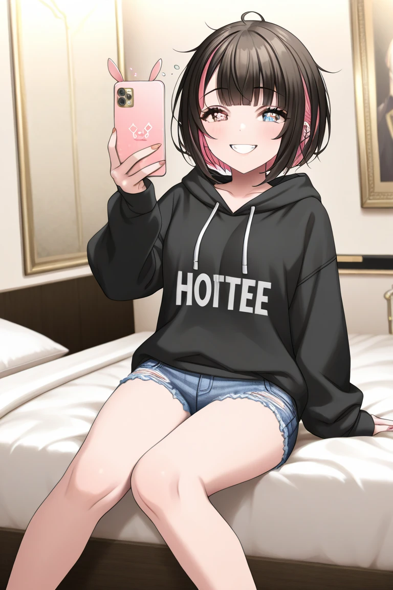 score_9, score_8_up,score_7_up, source_anime,1girl, solo, <lora:EPmhrRondine:1>,EPmhrRondine, short hair, brown eyes, blunt bangs, bob cut, brown hair, necklace, ear piercing, black hoodie, white socks, kneehighs, sneakers, black sneakers, squatting, selfie, taking picture, mirror selfie, bedroom, bed, mirror, at a dark room, at night , city view from the window, gyaru,