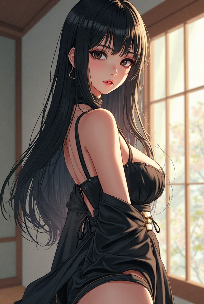 from side, (night time), starry sky, victorian architecture, (garden view), nature, flowers, large balcony, 1girl, beautiful, beauty, huge breast, sagging breast, detailed face, detailed eyes, jet black hair, long hair, crimson red eyes, red lips, slihtly make up, snow white skin, shiny skin, (dark blue dress), one piece dress, eleborate dress, standing on the balcony, warm smie, looking at viewer, (mater piece, best quality, 8K, UHD, extreme detailed description, professional, studio lighting, sharp focus, natural lighting, highres, ultra detailed 8K CG, perfect lighting, exremely detailed background, eleborate atmosphere:0.75, fantastical colors, vivid colors, soft HDR), <lora:Aurora_Eminence_Shadow-KK77-V2:0.45>