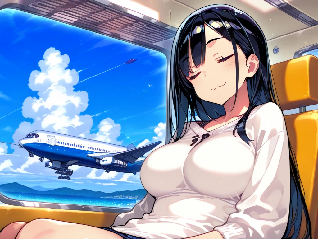 Create an anime-style naked woman fixing a plane where you can see her breasts and vagina
