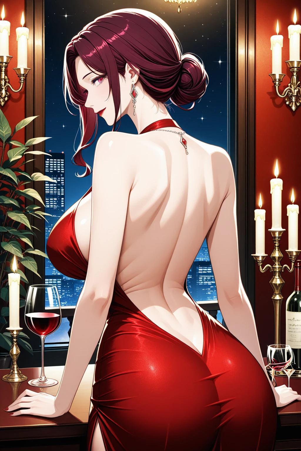 (masterpiece, best quality, ultra-detailed, high resolution, detailed eyes), takeda hiromitsu style, {{1woman}}, (30 years old), (red  dress, long skirt), nightclub, earrings, curvy body, large breast, long red hair, curly hair, tall, big eyes, sitting on sofa, from side, cowboy shot