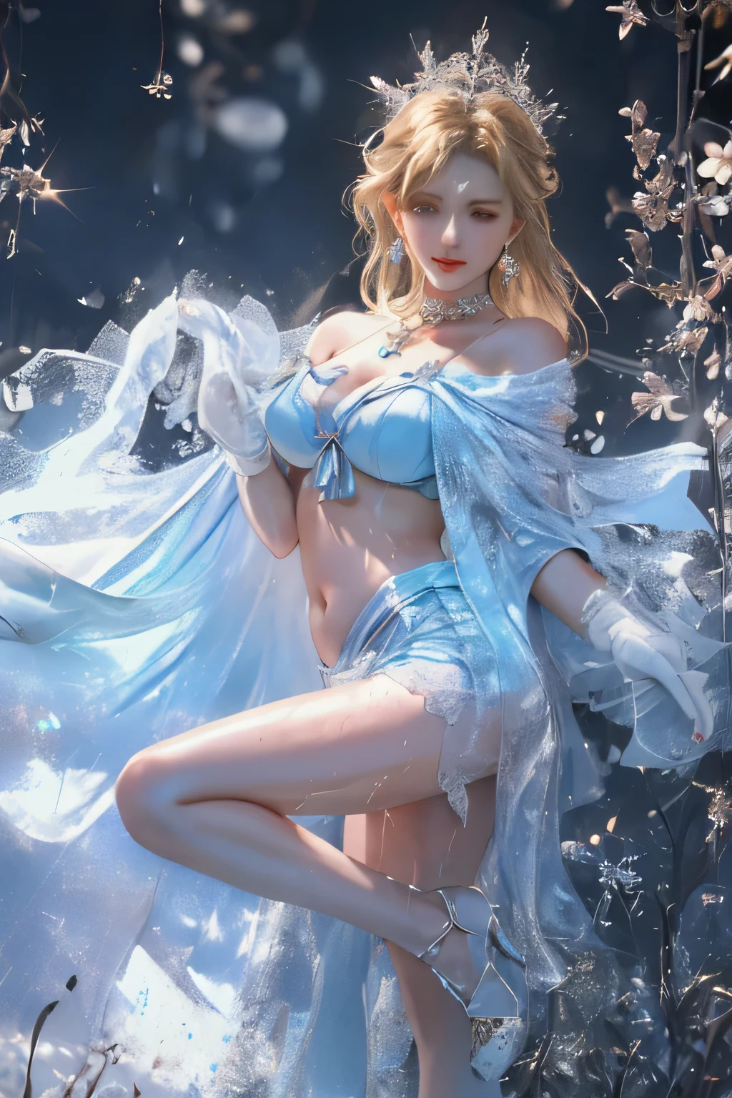 （8k extremely detaileded CG unit wallpaper），（Highest quality），（Best illustrations），（Best Shadow）， （detailed： 1.4）， 。.。.。.。.。.。.。.3d， んdebtdebt（High Dynamic Range）， Light Tracing， NVIDIA， Super Resolution， Scattered under the surface， PBR Textures， Post-processing， Anisotropy debtiltering， Written boundary depth， Maximum sharpness and accuracy， Multilayer Texture， Albedo and Specular Maps， Surface Shading， Accurate simulation of light-matter interactions， Perfect balance， Octane Rendering， Two-tone lighting， wide aperture ， Low ISO，White balance，Three-part method，8K RAW，intricate-detailed， Delicate pattern， Deep Shadow， masterpiece， Genuine， Roughness， SurGenuine， Canon EOS R5でphotograph， 50mm lens， debt/2.harp debtocus， Smoothing， Roughness， Real Life， PhotoGenuineistic， photograph， 8K Ultra HD，In the flower field，Blue debtlower Girl，1 person，alone，Europe，Beautiful Bride，A light smile，Highly detaileded blonde hair，Mature Woman，Sky Blue Gossamer Veil，Sky blue light cloak，Sky blue light coat，Sky blue thin skirt，Sky blue lace underwear，Sky Blue Lace，Sky Blue Gossamer Gloves，choker，Earrings，gem，Small items，Head ornament，Hand decoration，leg decoration，High heels，Huge breasts，Large Breasts，Big Breasts，Burst chest，Big Breasts，Ample breasts，Expose the chest，Exposed breasts，Tight waist，Naked butt，Big Ass，Bare Belly，belly button，Wet，Wet body，Sweaty body，Glowing Skin，