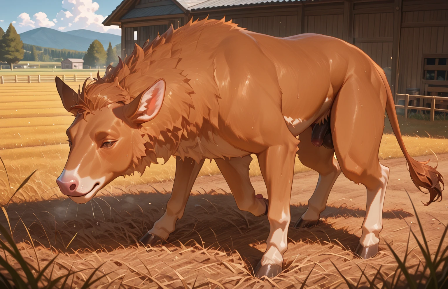 HD graphics,Detailed and realistic,high detal,high qulity,photo-realistic,photorealistic eye,Detailed paws,Masterpiece artwork,top-quality,32k,hyper HD, (((feral dog, hyper balls, hyper flared penis, feral dog))), in field ((((hyper flared penis, anal, excessive scat in puffy ????, urine covered, scat)))), rear view, ((((muscular, tree, feral dog, huge belly)))), ((((hyper photorealistic fur))))