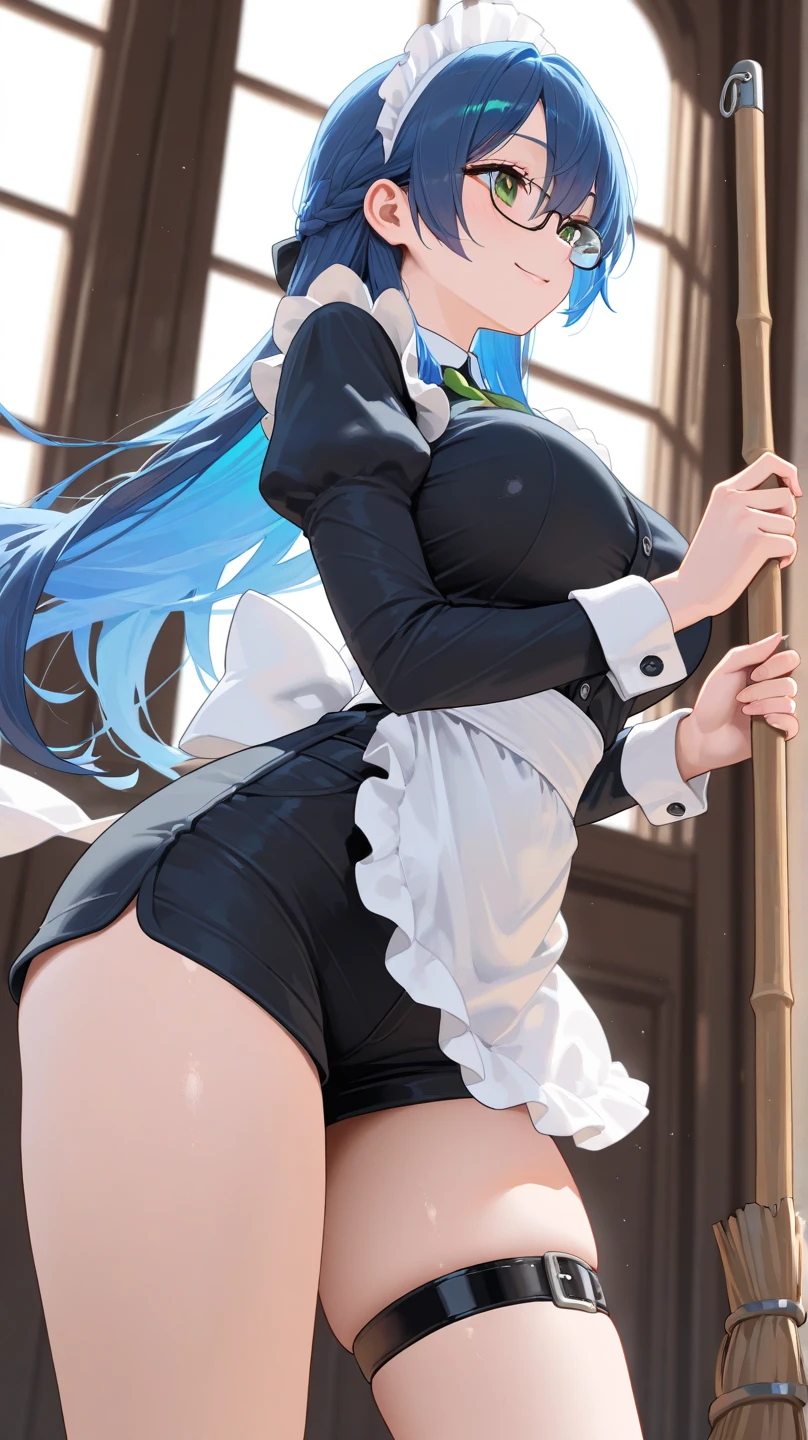 8k, (best quality, masterpiece:1.7), (full body:1.5), (huge breasts:1.2), very long hair, white thighhighs, high heels, (maid dress:1.4), corset, garter belts, blue hair, tall girl,