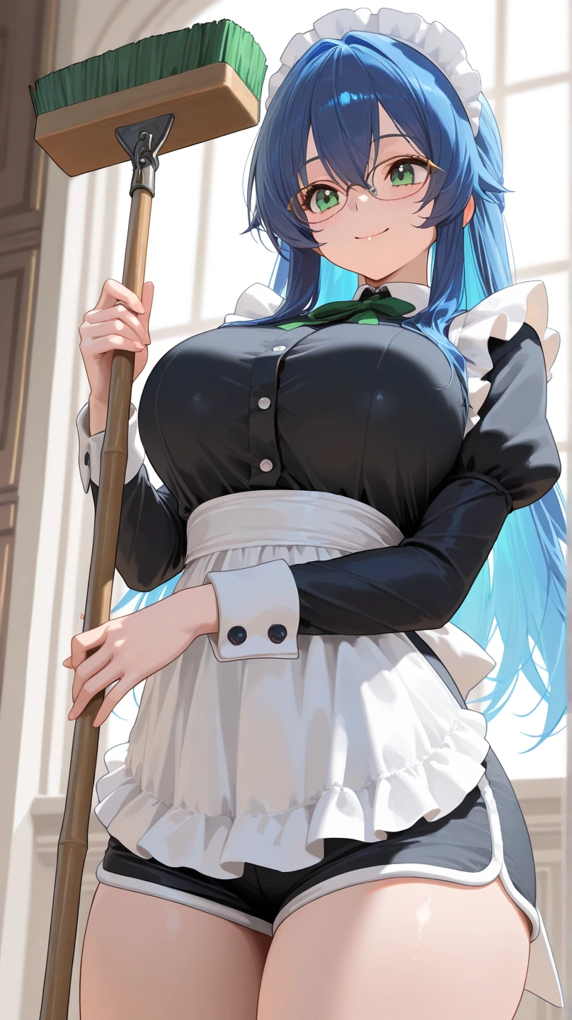 (masterpiece, best quality, ultra-detailed, high resolution, detailed eyes), takeda hiromitsu style, 1 woman, solo, green ponytail hair, large breasts, looking at viewer, cowboy shot, glasses, (maid costume), skirt lift, showing panties, black panty, garter belt, stocking, embarrassed