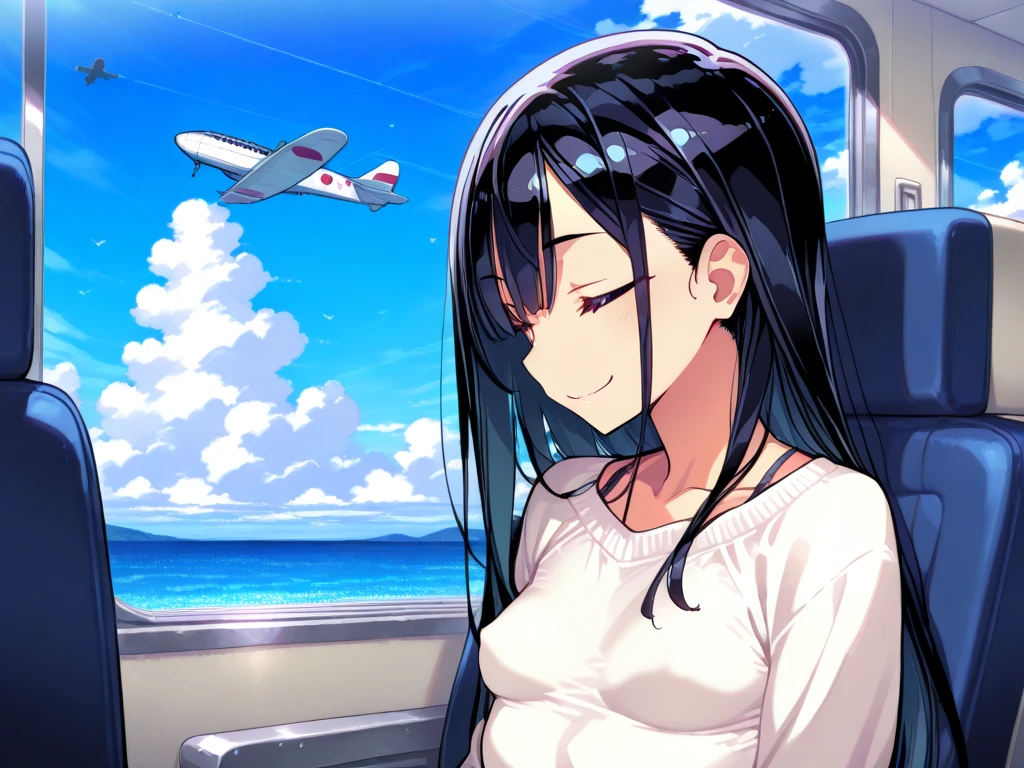 anime girl sitting on suitcase with blue sky in background, visual novel cg, visual novel key visual, smooth anime cg art, daytime ethereal anime, visual novel, ; visual novel, high definition anime art, anime wallaper, hd anime wallaper, flying anime esper, anime style like fate/stay night, anime best girl, anime moe artstyle