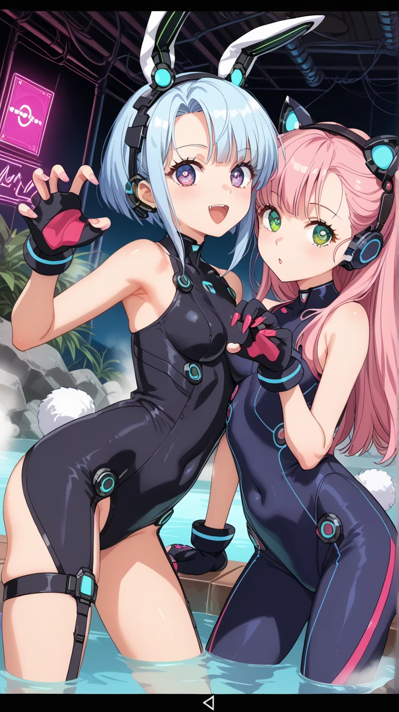 School swimsuit 3girls, cyber world, hologram,　School swimsuit, cyber world, Hologram, SF, gleaming, glamourous