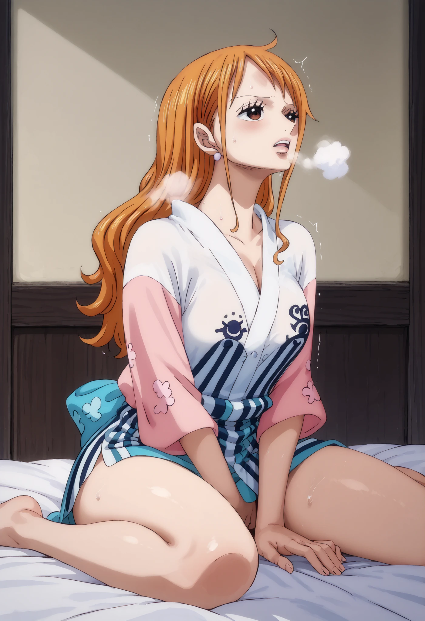 Nami, clothes from onepiece_anime, flush, sweat, steam, salvia, trembling, female masturbation, big breasts, bare legs, looking to the side, half-closed eyes, sitting on Luffy, spreading legs, white underwear, light-blue yukata from onepiece_anime, (((dimly light room, pink light))), (((hotel room))),(((arched back, looking up))), orange hair