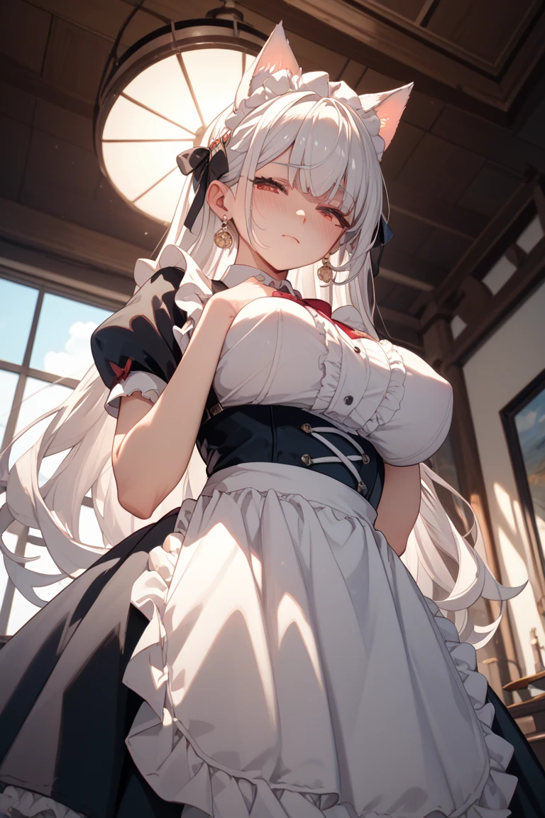 masterpiece, highest quality, scarlet, Grey long hair, Very large breasts、Maid clothes、Hat on head、Grim expression、
